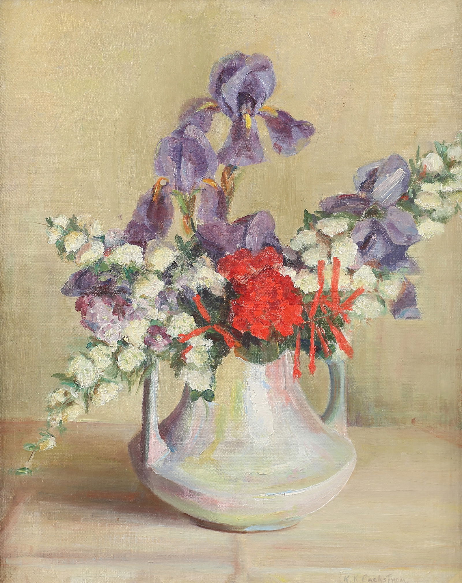 Kathryn Backstrom (Am. 20th Cent.), Purple Iris Still Life, oil on canvasboard (1 of 1)