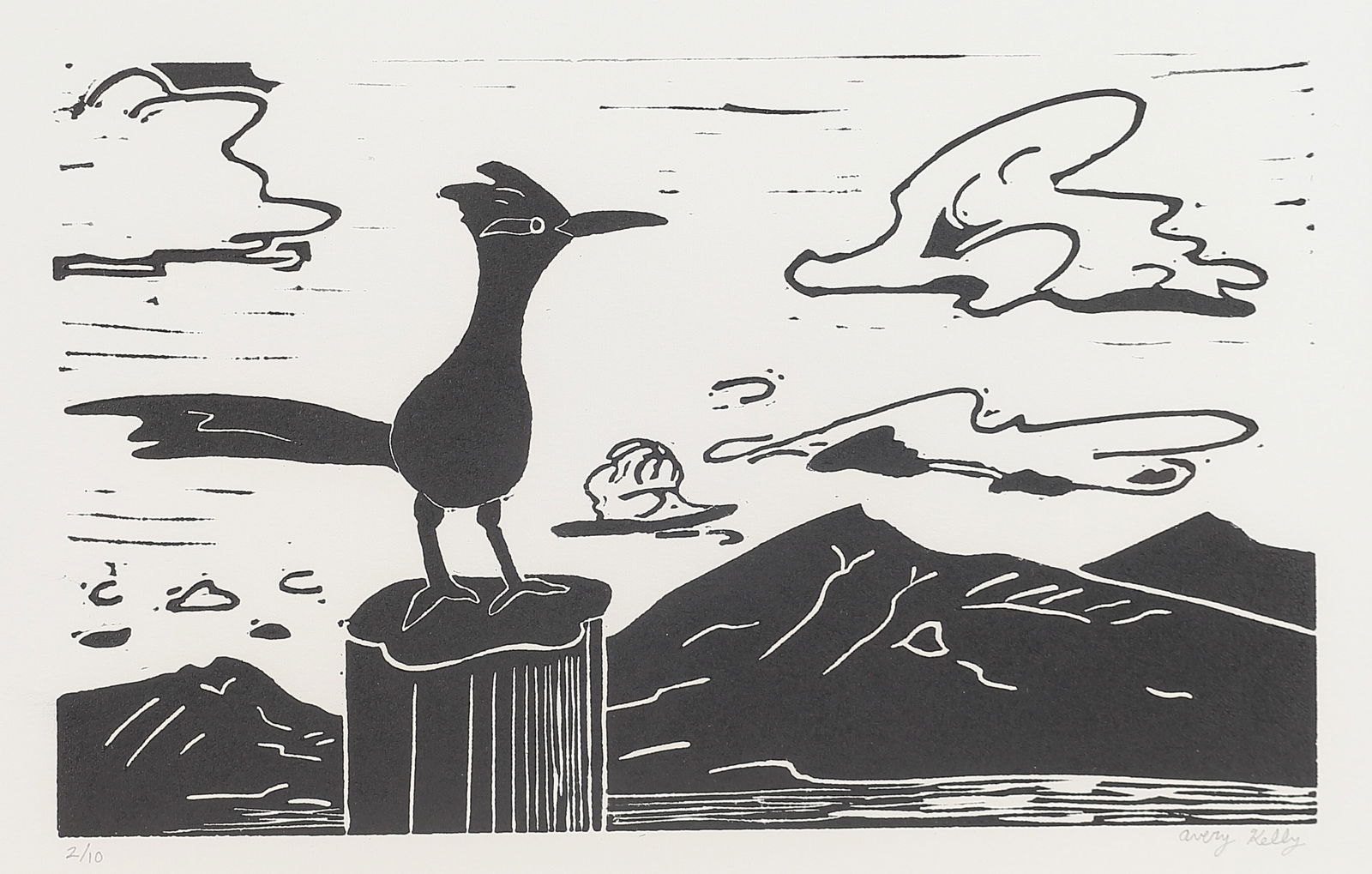 Avery Kelly (Am. 20th/21st Cent.), Roadrunner and Mountains, ed. 10, 2019, linocut (1 of 1)