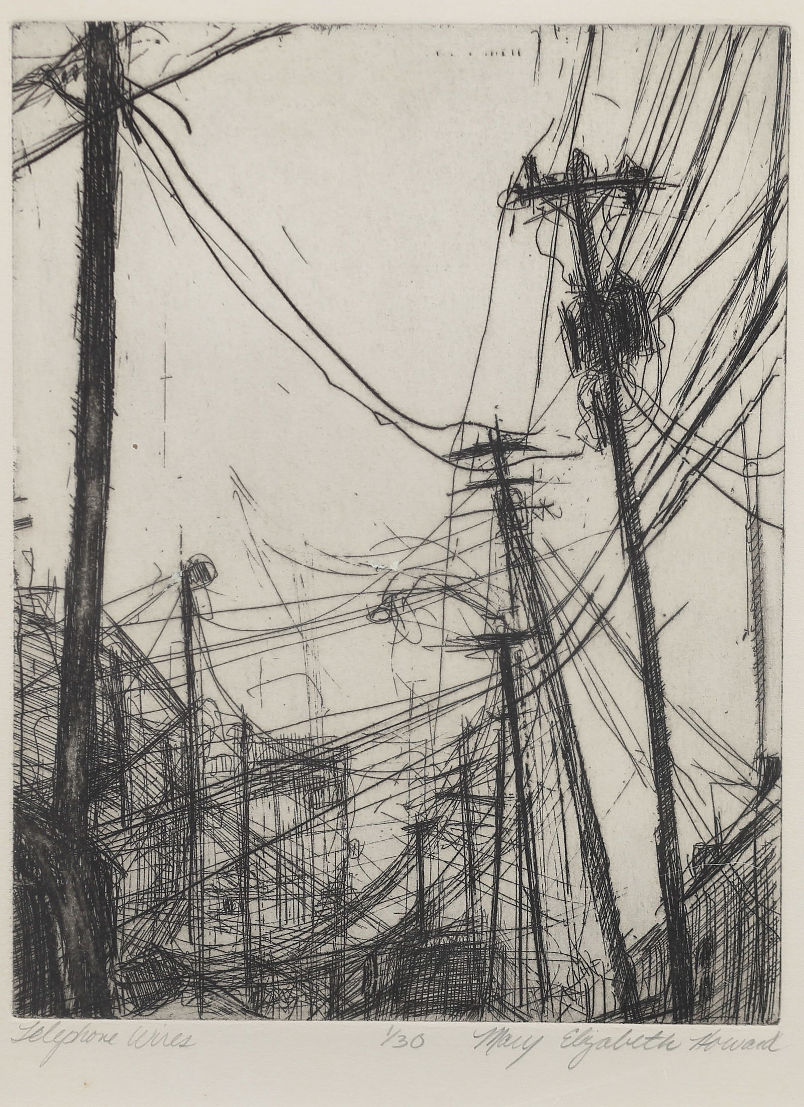 Mary Elizabeth Howard (Am. b. 1956), Telephone Wires, ed. 30, etching: Telephone Wires, ed. 30, etching, 8 1/2 x 6 1/2, signed across bottom: Telephone Wires, 1/30, Mary Elizabeth Howard
