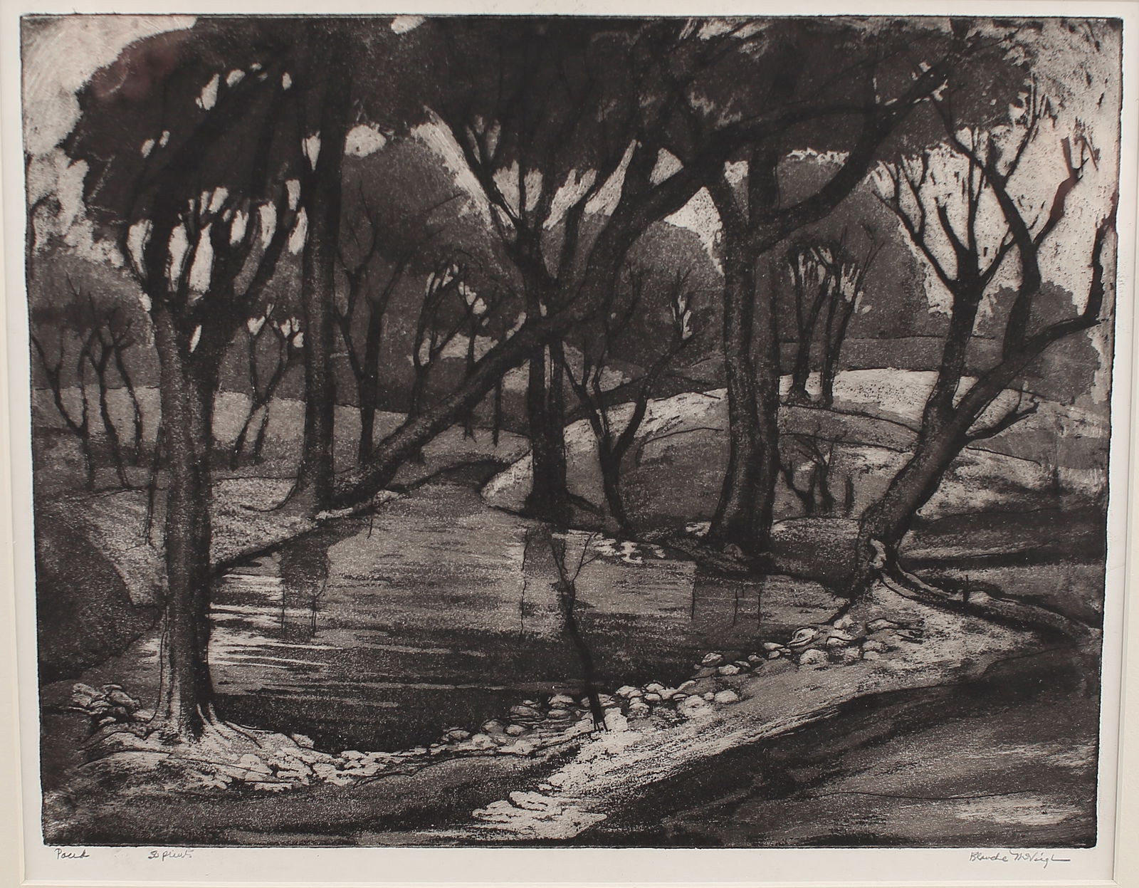 Blanche McVeigh (Am. 1895-1970), Pond, ed. 50, c. early 1950s, aquatint (1 of 1)