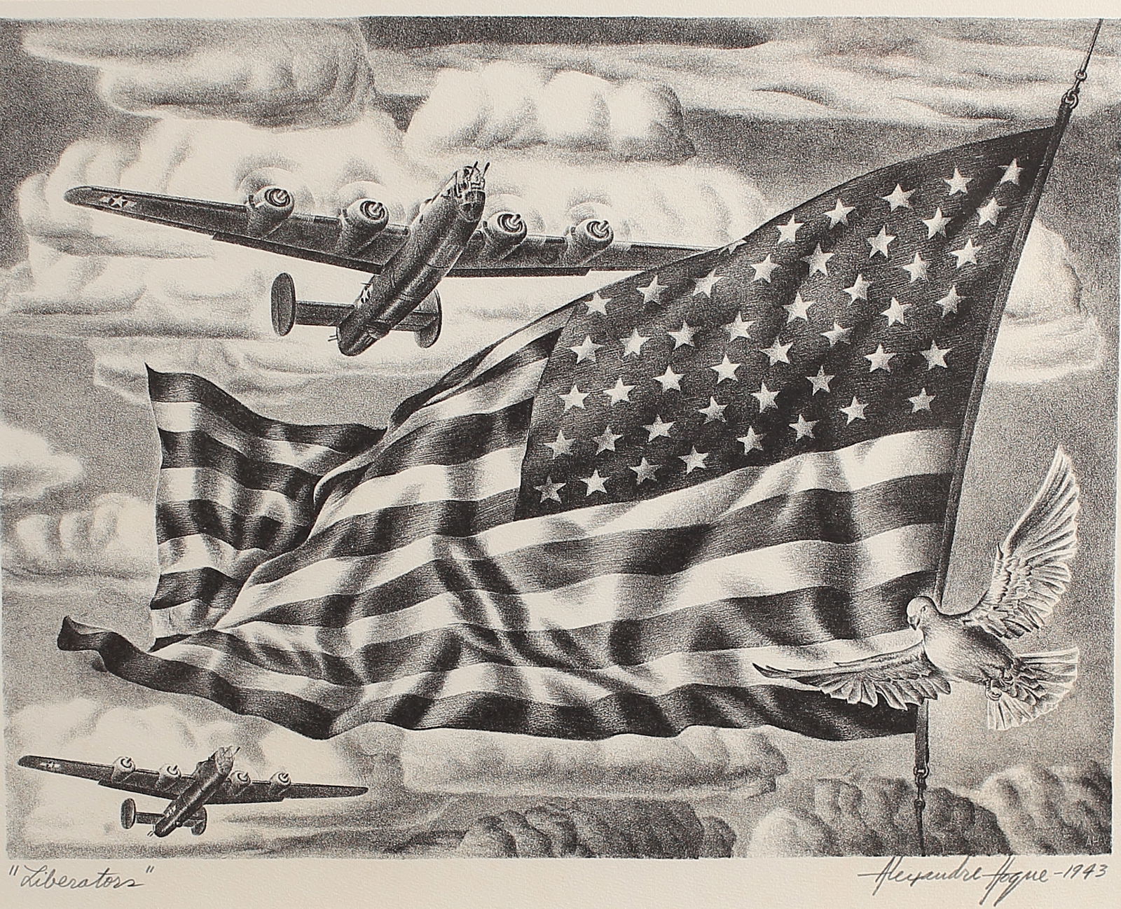 Alexandre Hogue (Am. 1898-1994), Liberators, 1943, lithograph: Liberators, 1943, lithograph, 11 1/2 x 15 1/4, signed across bottom: "Liberators", Alexandre Hogue - 1943
