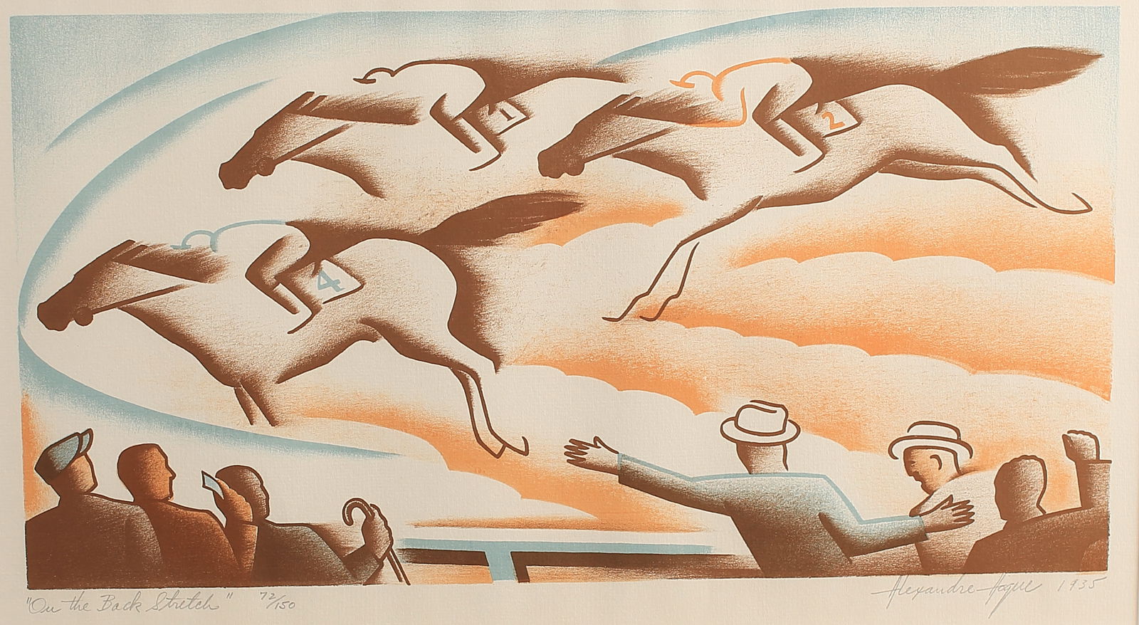 Alexandre Hogue (Am. 1898-1994), On the Back Stretch, ed. 150, 1935, color lithograph: On the Back Stretch, ed. 150, 1935, color lithograph, 9 1/2 x 18, signed across bottom: On the Back Stretch, 72/150, Alexandre Hogue, 1935,
