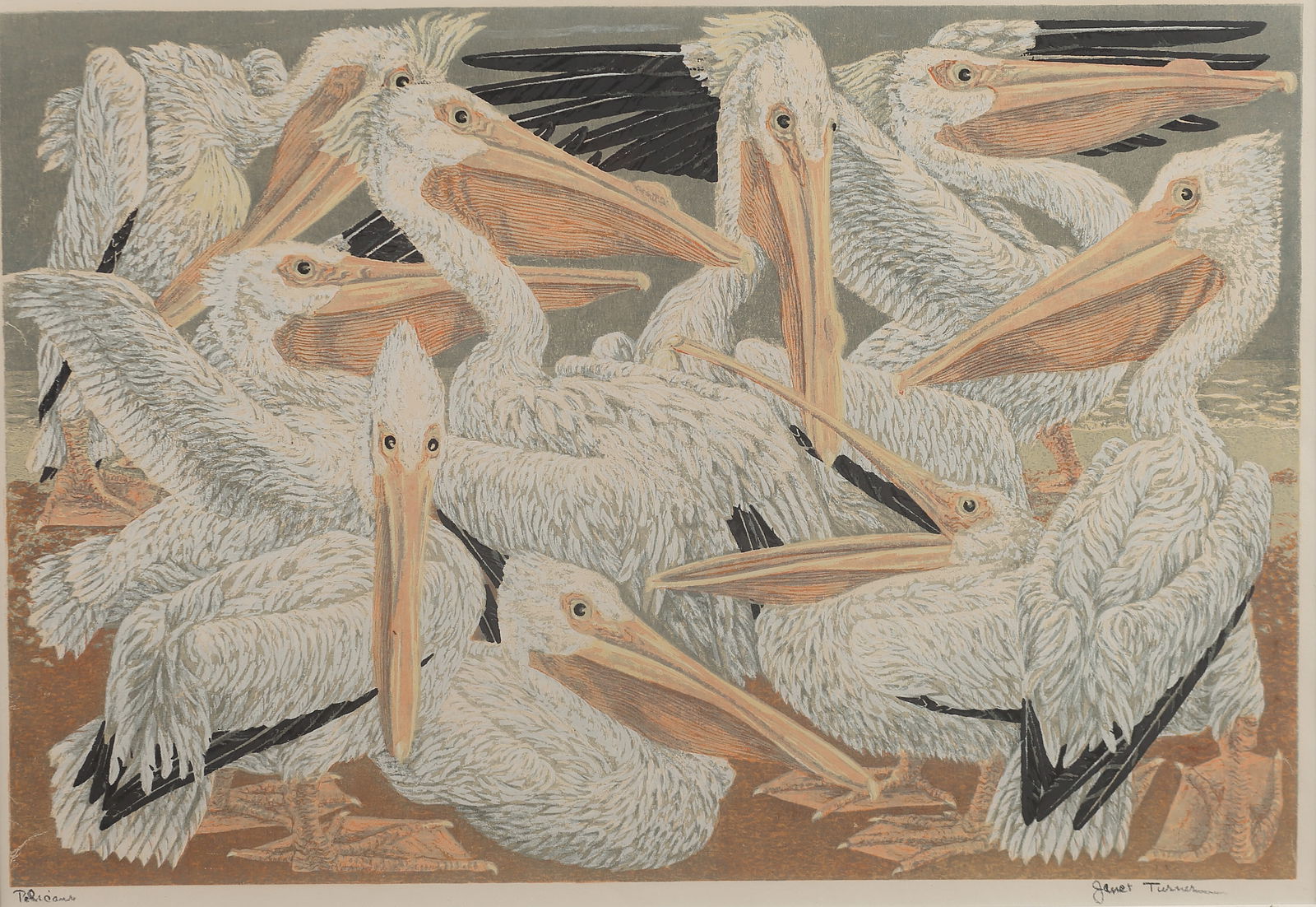 Janet Turner (Am. 1914-1988), Pelicans, linocut (1 of 10)
