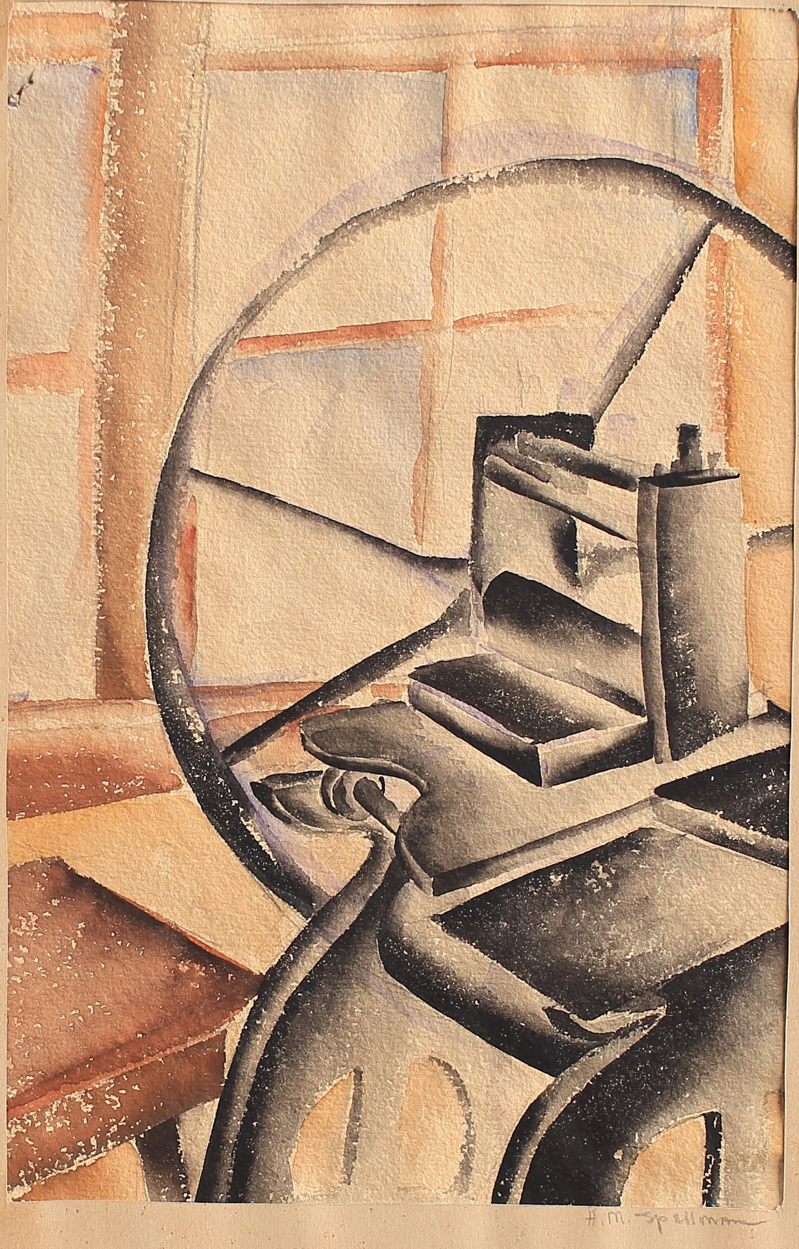 Helen Marie Spellman (Am. 1911-2000), Printing Press, watercolor on paper: Printing Press, watercolor on paper, 10 x 7, signed on mat lower right: H. M. Spellman, The younger sister of Coreen Mary Spellman, Helen Spellman studied at the College of Industial Arts, Denton and 
