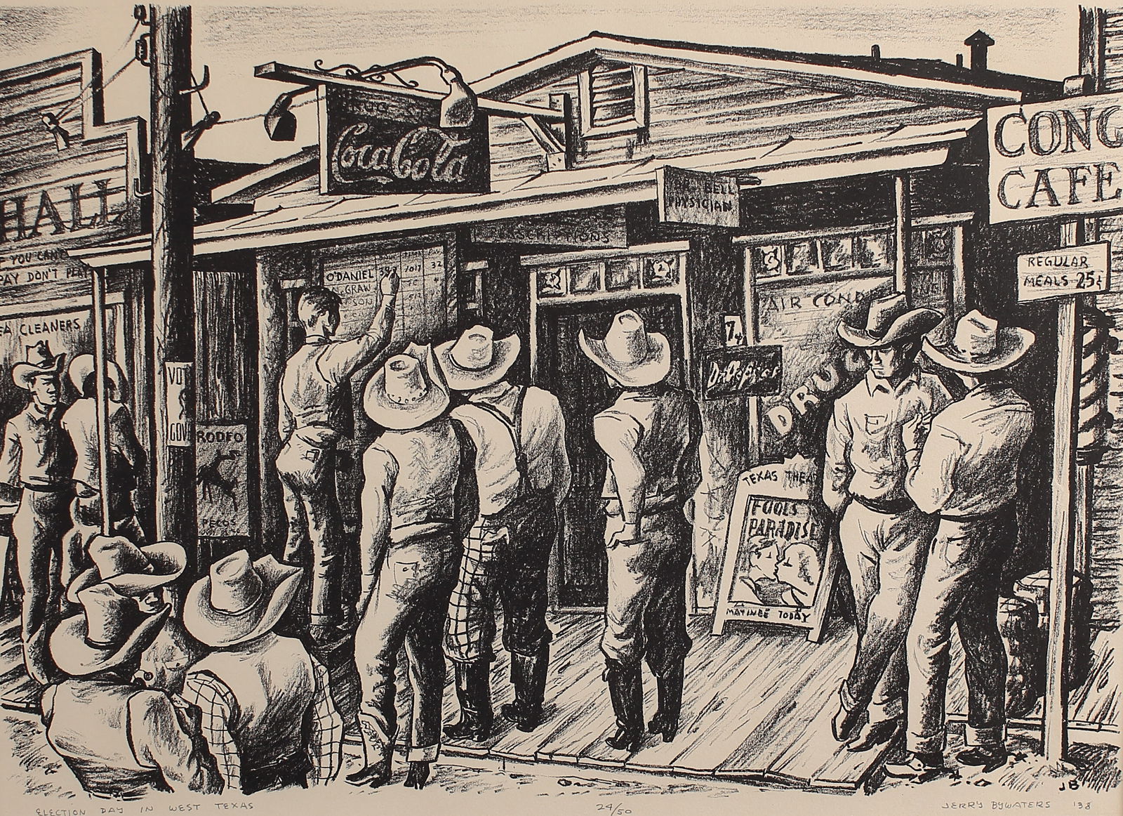 Jerry Bywaters (Am. 1906-1989), Election Day In West Texas, ed. 50, 1938, lithograph: Election Day In West Texas, ed. 50, 1938, lithograph, 11 x 15 3/4, signed across bottom: Election Day In West Texas, Ed 24/50, Jerry Bywaters '38,