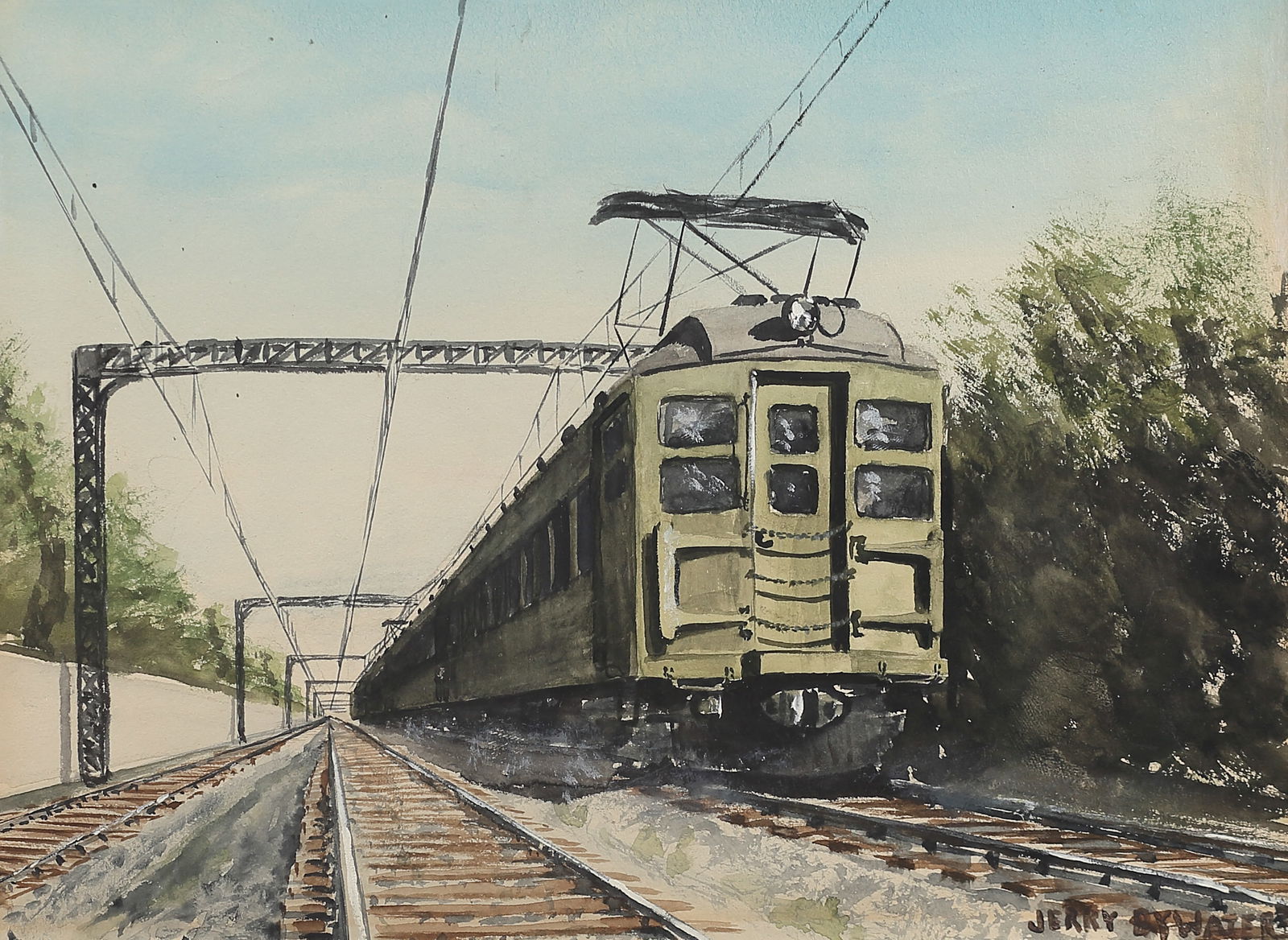 Jerry Bywaters (Am. 1906-1989), Electric Railway, watercolor on paper: Electric Railway, watercolor on paper, 8 1/4 x 11 1/4, signed lower right: Jerry Bywaters