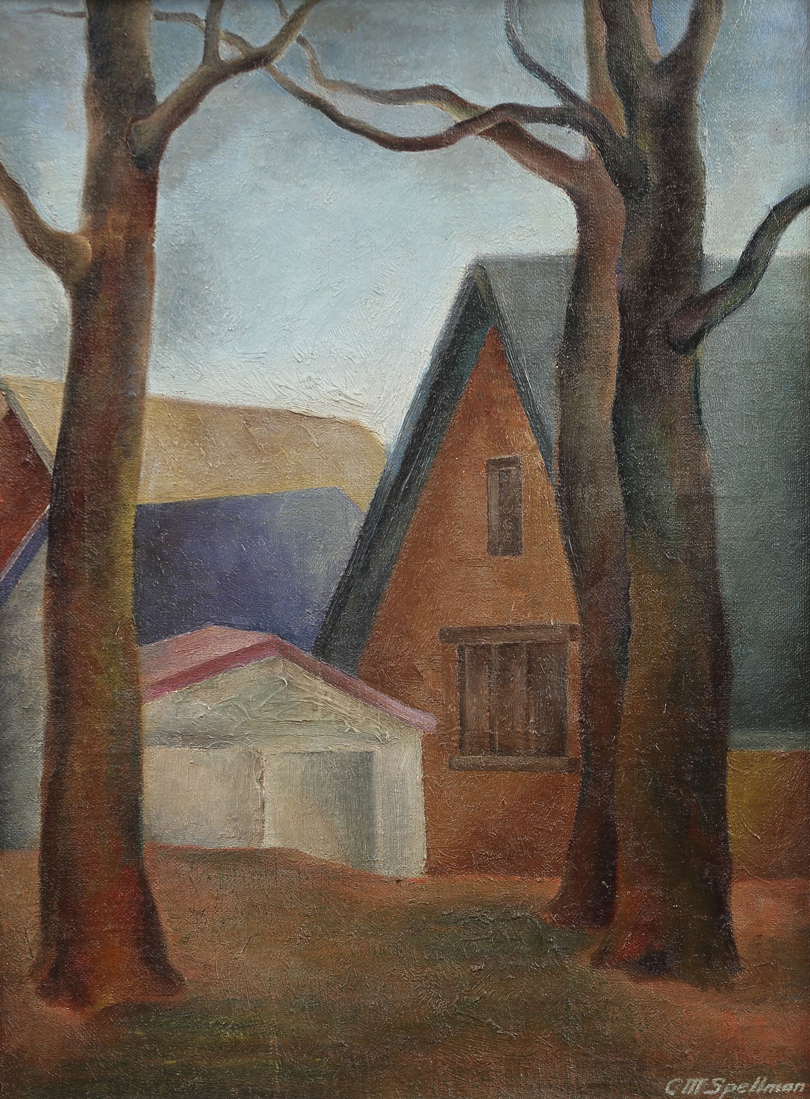 Coreen Spellman (Am. 1905-1978), Houses, Denton, Texas, c. 1927, oil on board (1 of 1)