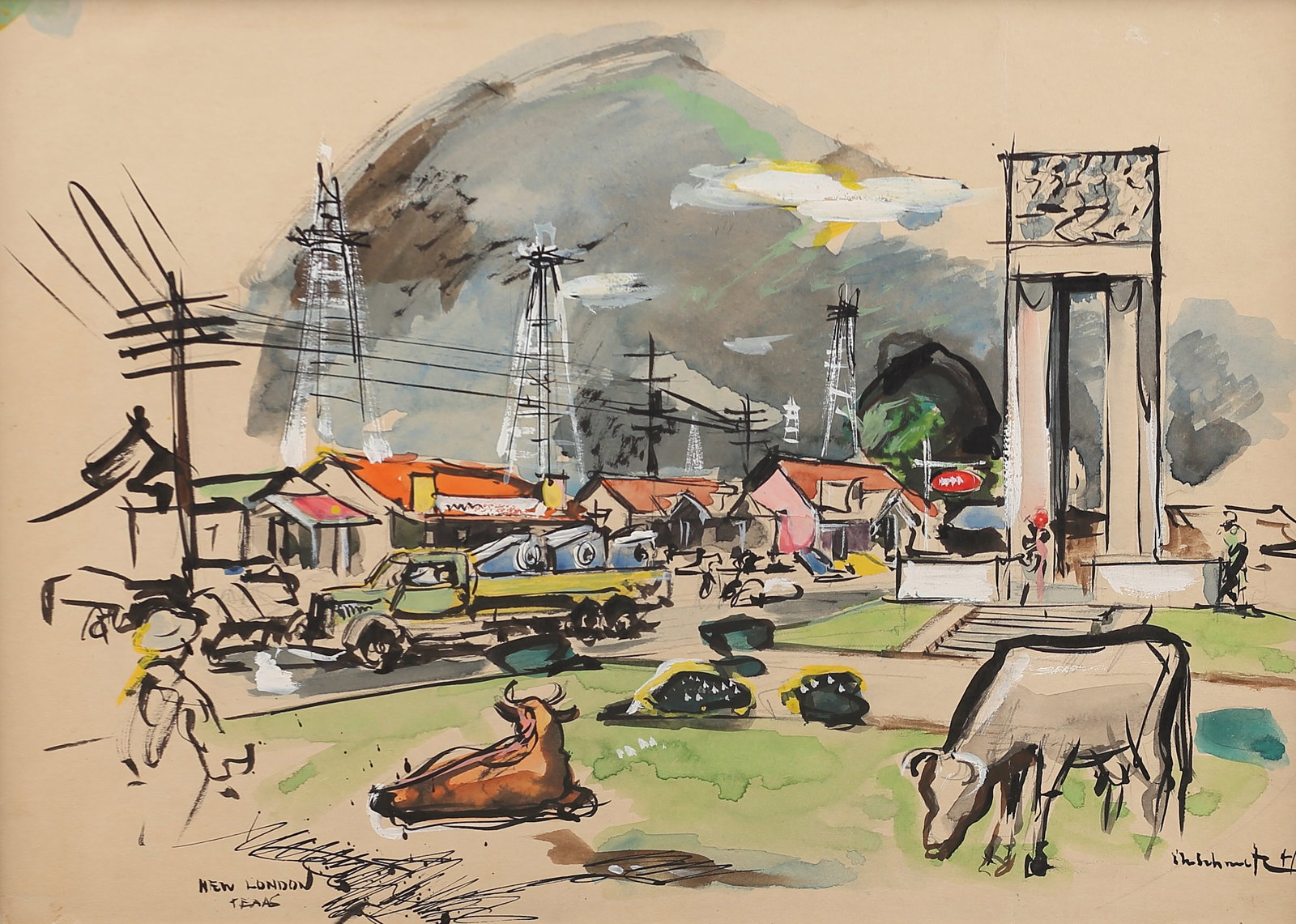 Edward Muegge (Buck) Schiwetz (Am. 1898-1984), New London, Texas, 1941, mixed media on paper: New London, Texas, 1941, mixed media on paper, 9 3/4 x 13 3/4, signed lower right: EM Schiewetz 41; titled lower left: New London, Texas, CASETA—The Center for the Advancement and Study of Early Tex
