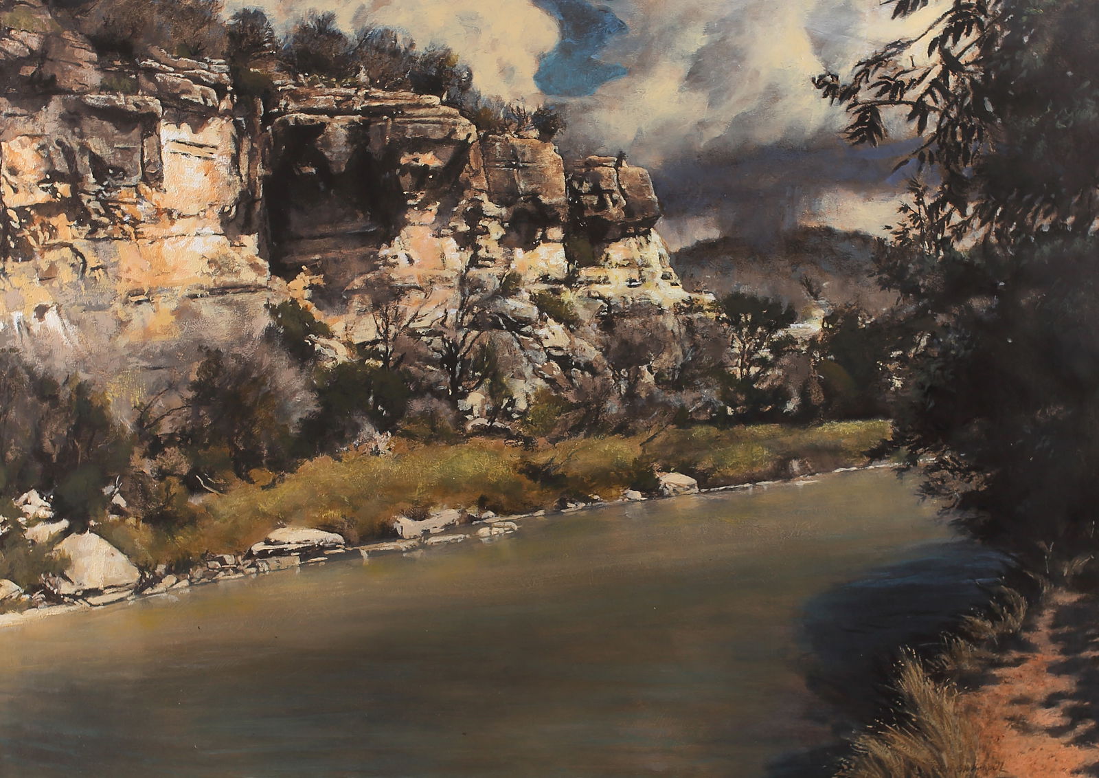 Bob Stuth-Wade (Am. b. 1953), Fish Camp, Quiet Day, 2017, acrylic and charcoal on paper: Fish Camp, Quiet Day, 2017, acrylic and charcoal on paper, 33 1/8 x 45 1/8, signed lower right: Bob Stuth-Wade; titled lower right: Fish Camp, Quiet Day, LABEL ON VERSO: Valley House Gallery, Dallas,