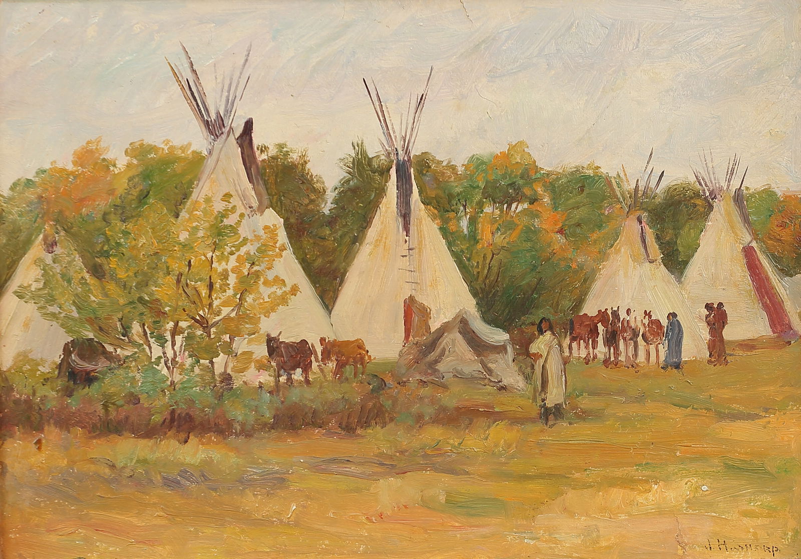 Jospeh Henry Sharp (Am. 1859-1953), Crow Tepees, 1901, oil on board: Crow Tepees, 1901, oil on board, 10 x 14, signed lower right: JH Sharp, PROVENANCE: Joseph Henry Sharp exchanged this painting for framing by John Suder. Suder owned a framing store in Cincinnati, Ohi