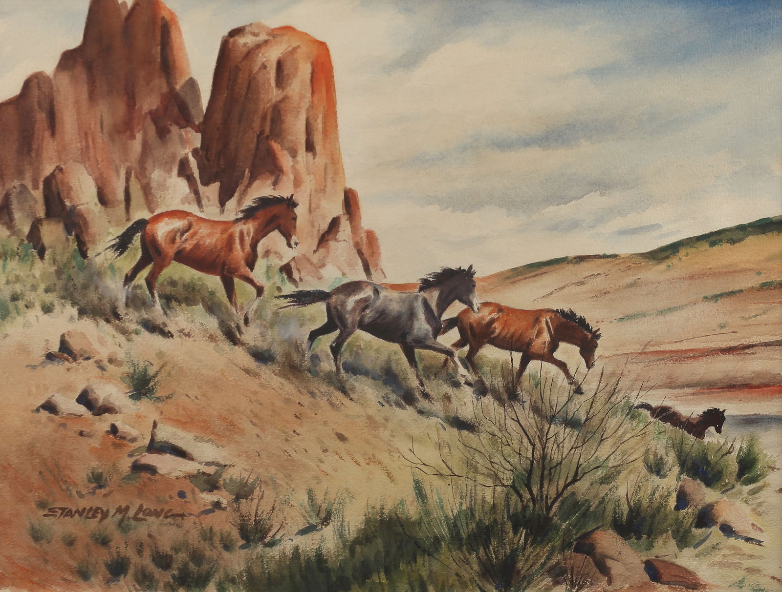 Stanley Long (Am. 1892-1972), Mustangs, watercolor on paper (1 of 1)