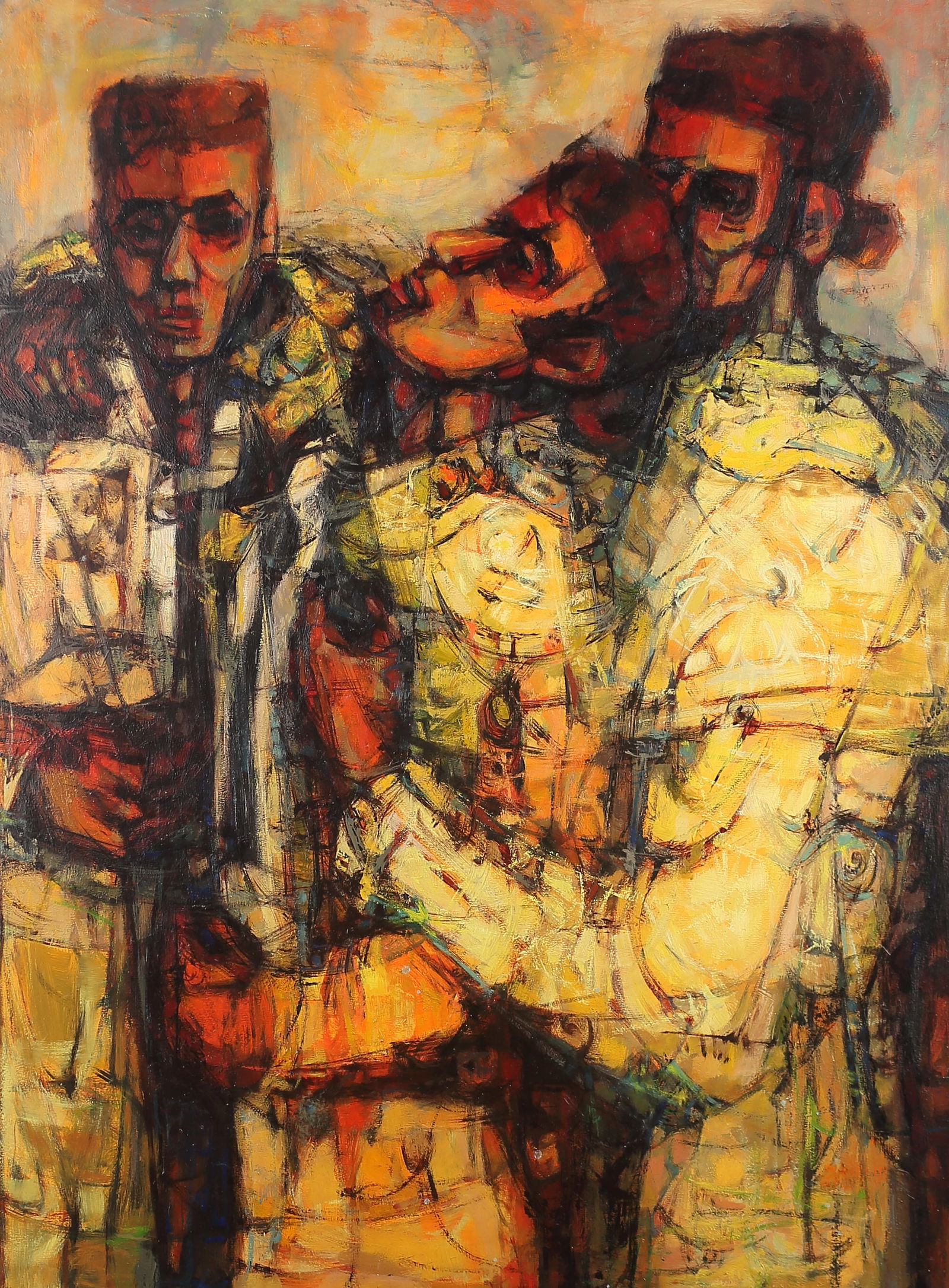 Joe Hobbs (Am. b. 1934), Bull Fighters, 1950, oil on board: Bull Fighters, 1950, oil on board, 40 x 30, , LABEL ON VERSO: University of Texas, Joe Hobbs, Bull Fighters. LOTS: 328-358 Heartland Security Insurance Group Collection curated by Eugenia “Jeannie&r