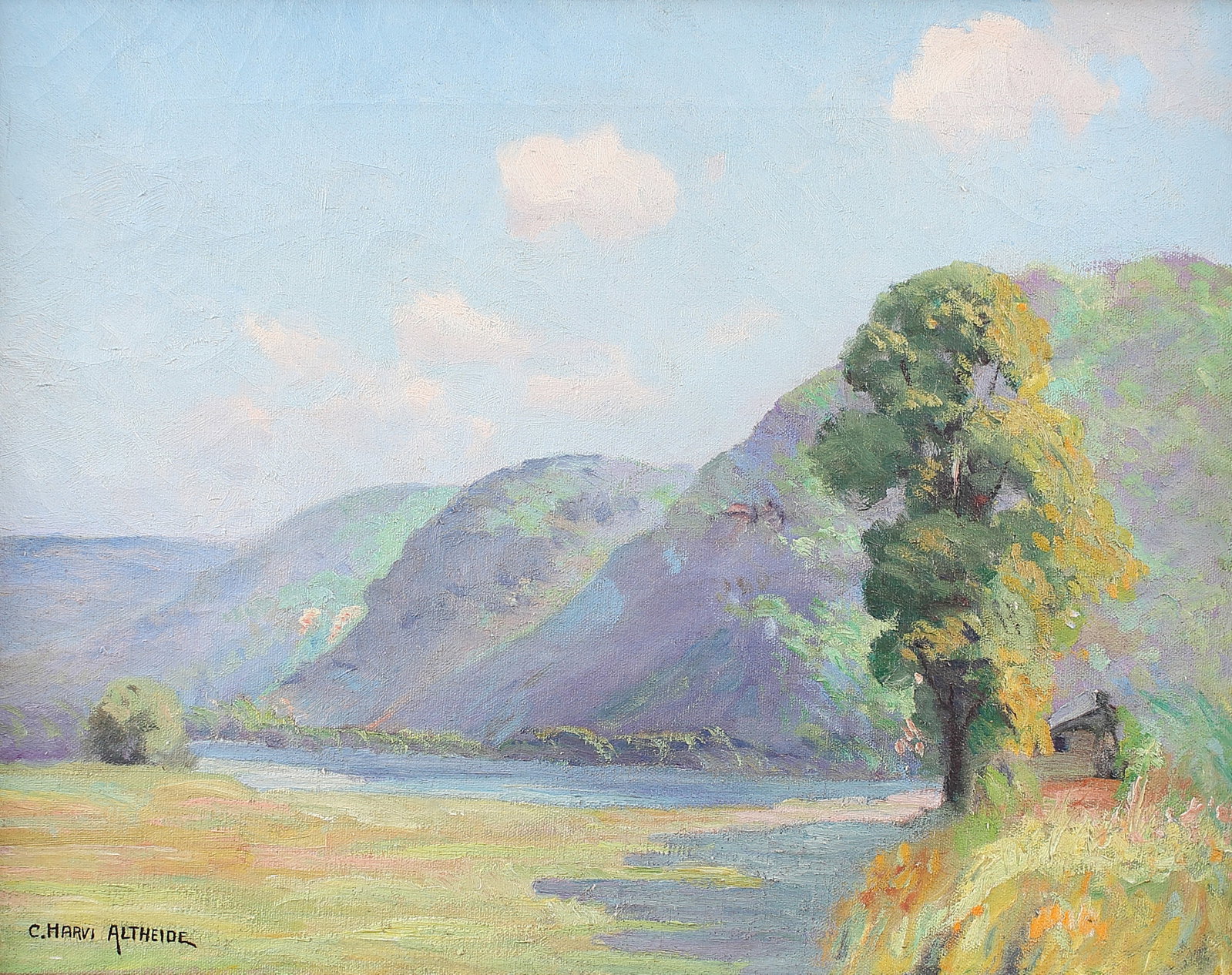 Charles Altheide (Am. 1874-1951), Landscape, oil on canvas: Landscape, oil on canvas, 14 x 15, signed lower left: C Harvi Altheide, Altheide’s quick, textural brushstrokes suggest painting en plein air, or painting outdoors, a technique favored by the Impres
