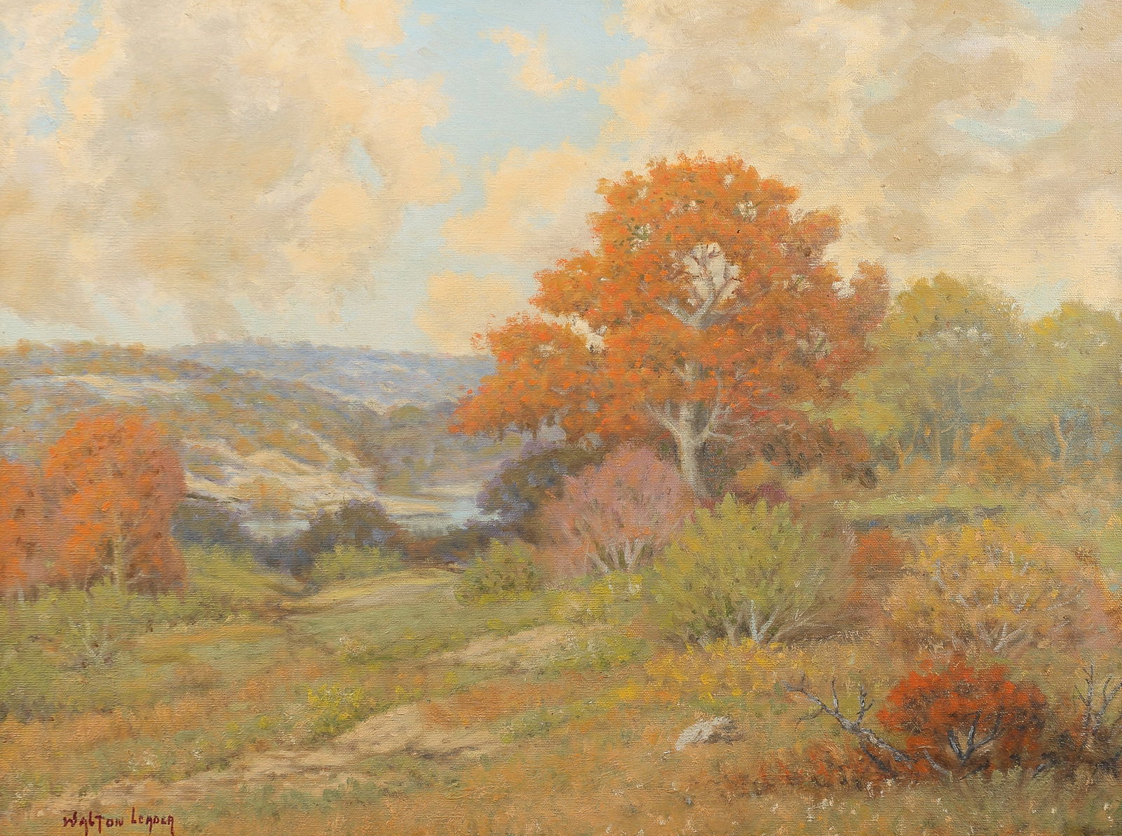 Walton Leader (Am. 1877-1966), Texas Hillside, oil on canvas: Texas Hillside, oil on canvas, 18 x 24, signed lower left: Walton Leader, Leader, a native of Marshall, Texas, specialized in Texas Hill Country landscapes. He grew up in Austin, continuing his artist