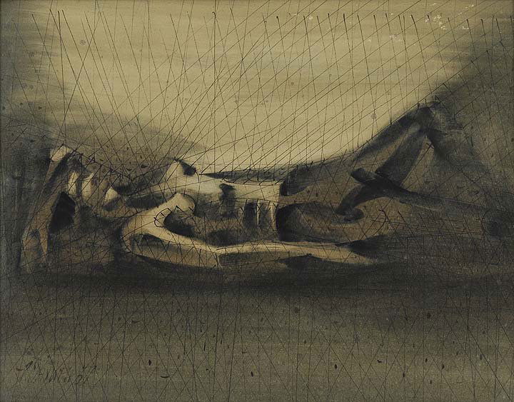 Reclining Figure, 1957: Artist: Maxwell, Paul (Am. 1925-) Title: Reclining Figure, 1957 Medium: ink and watercolor on paper Dimensions: 15 x 18 1/2 Signed: lower elft: Paul Maxwell 57