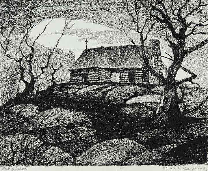 Hill-top Cabin: Artist: Bowling, Charles T. (Am. 1891-1985) Title: Hill-top Cabin Medium: lithographic crayon on paper Dimensions: 8 x 10 Signed: lower right: Chas T. Bowling