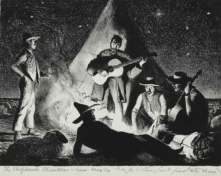 The Shepherds Christmas, New Mexico: Artist: Hurd, Peter (Am. 1904-1984) Title: The Shepherds Christmas, New Mexico Medium: lithograph Dimensions: 6 x 8 Signed: lower right: Peter Hurd