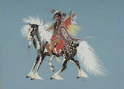 Indian on Horseback: Artist: Crumbo, Woody (Am. 1912-1989) Title: Indian on Horseback Medium: gouache on paper Dimensions: 14 x 19 Signed: lower right: Crumbo