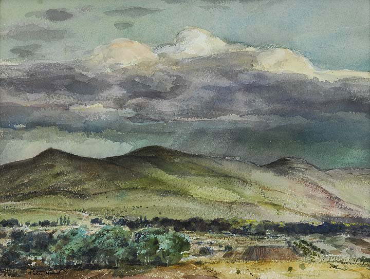 New Mexico Landscape: Artist: Hurd, Peter (Am. 1904-1984) Title: New Mexico Landscape Medium: watercolor on paper Dimensions: 9 x 12 Signed: lower left: Peter Hurd