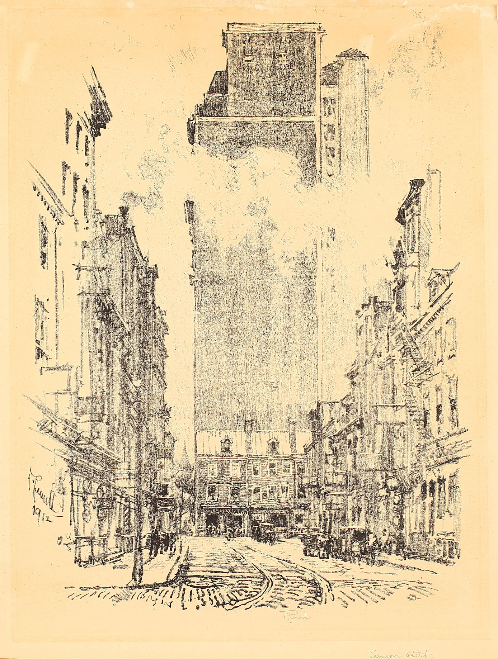 Joseph Pennell (Am. 1857-1926), Set of Three Works: Down Sansom Street, 1912 (1 of 3)