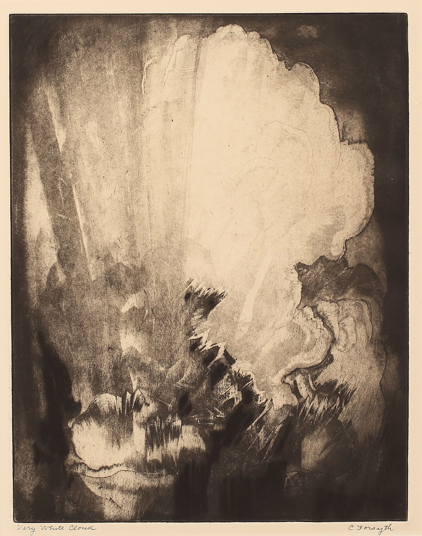 Constance Forsyth (Am. 1903-1987), Very White Cloud: Constance Forsyth (Am. 1903-1987), Very White Cloud, aquatint and drypoint 12 5/8 x 9 7/8, signed across bottom: Very White Cloud, C Forsyth; note on verso: Very White Cloud, aquatint and drypoint, Co