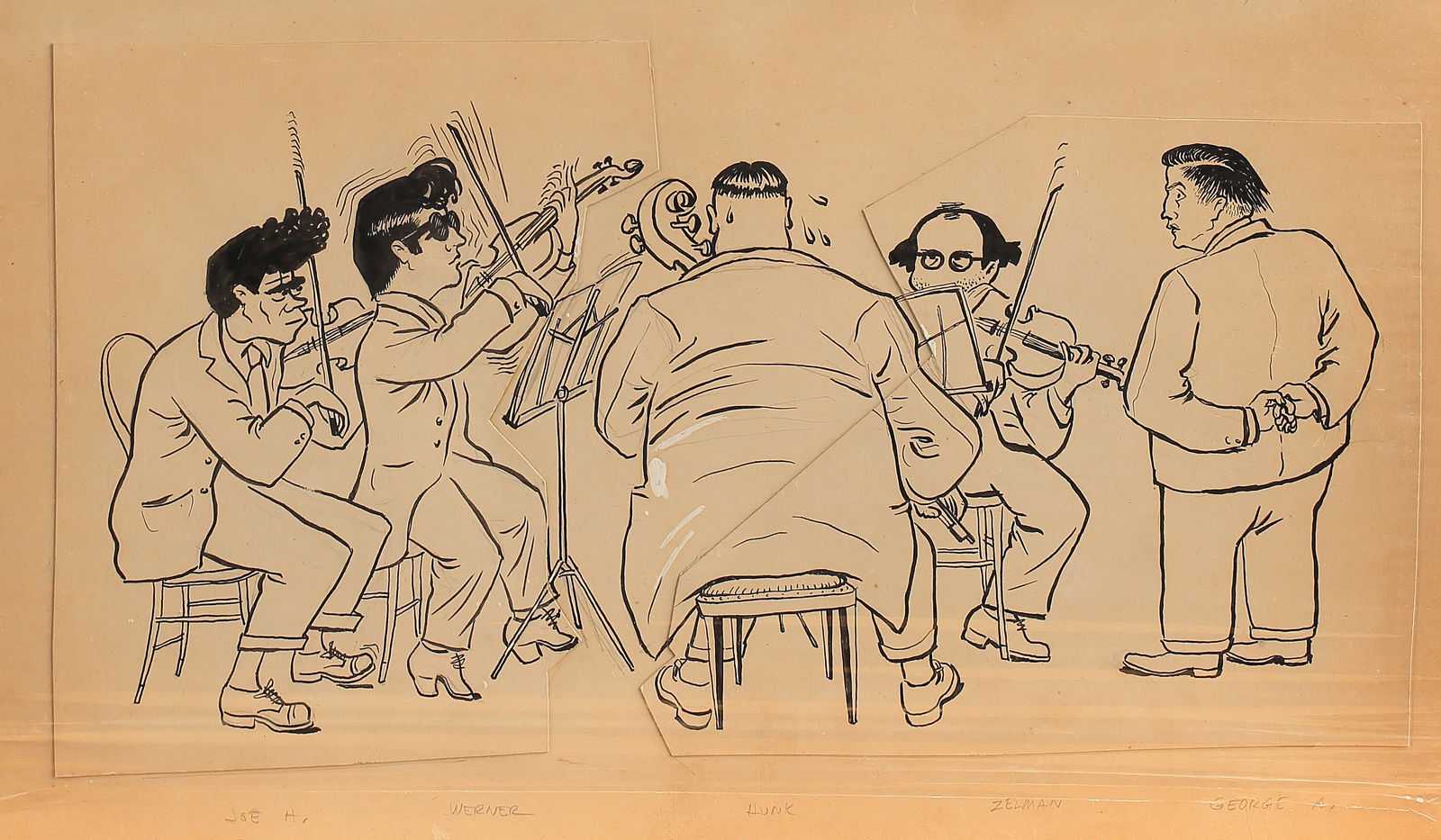 Jerry Bywaters (Am. 1906-1989), Rehearsal - Dallas Symphony - Members of the String Ensemble, 1946: Jerry Bywaters (Am. 1906-1989), Rehearsal - Dallas Symphony - Members of the String Ensemble, 1946, ink on paper 8 x 15