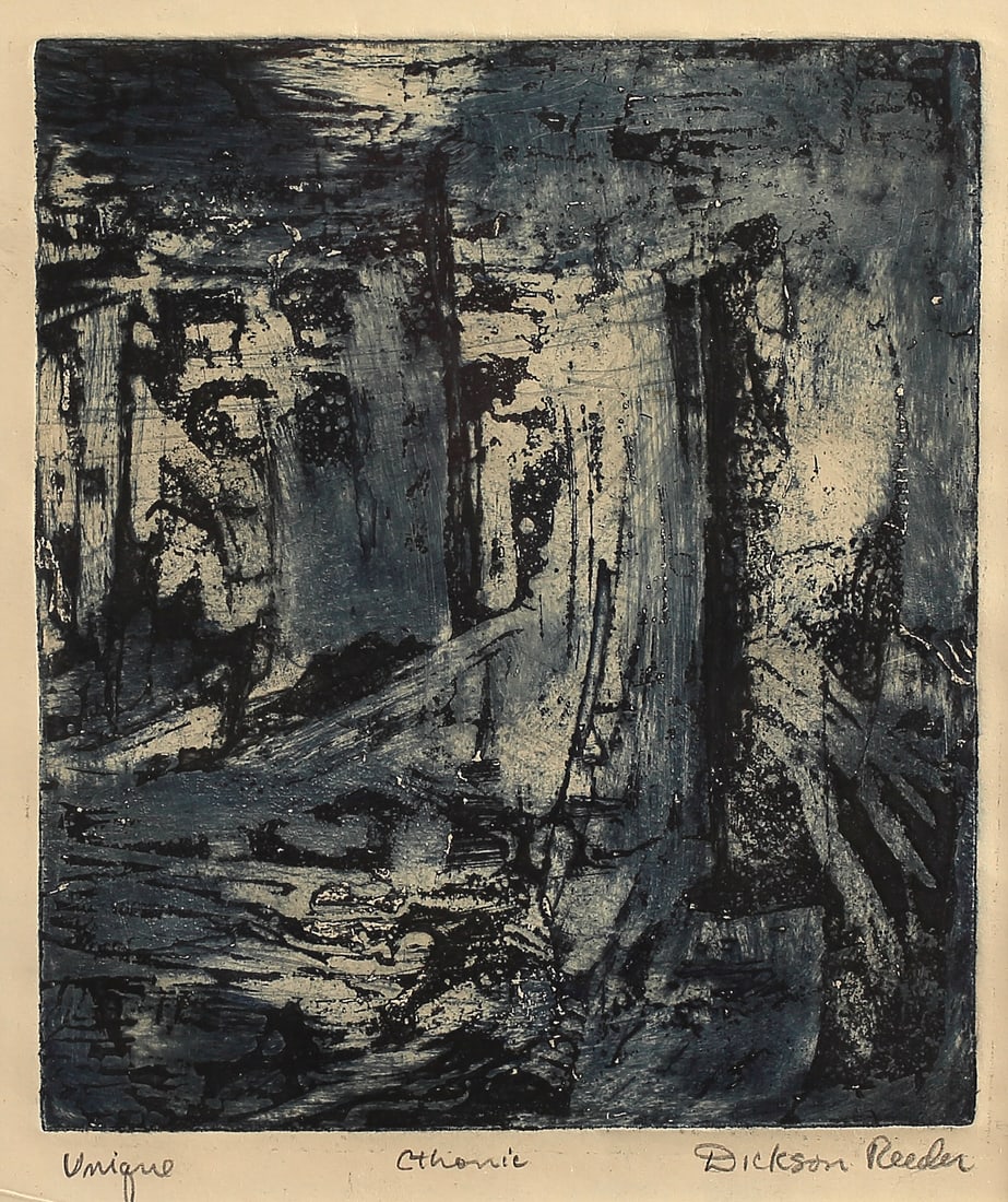 Dickson Reeder (Am. 1912-1970), Set of Two Works: Cthonic, Unique, 1960 & Cthonic - Black and White,: Dickson Reeder (Am. 1912-1970), Set of Two Works: Cthonic, Unique, 1960 & Cthonic - Black and White, Unique, 1960, etching each: 8 x 6 7/8, signed across bottom: Unique, Cthonic, Dickson Reeder; signe