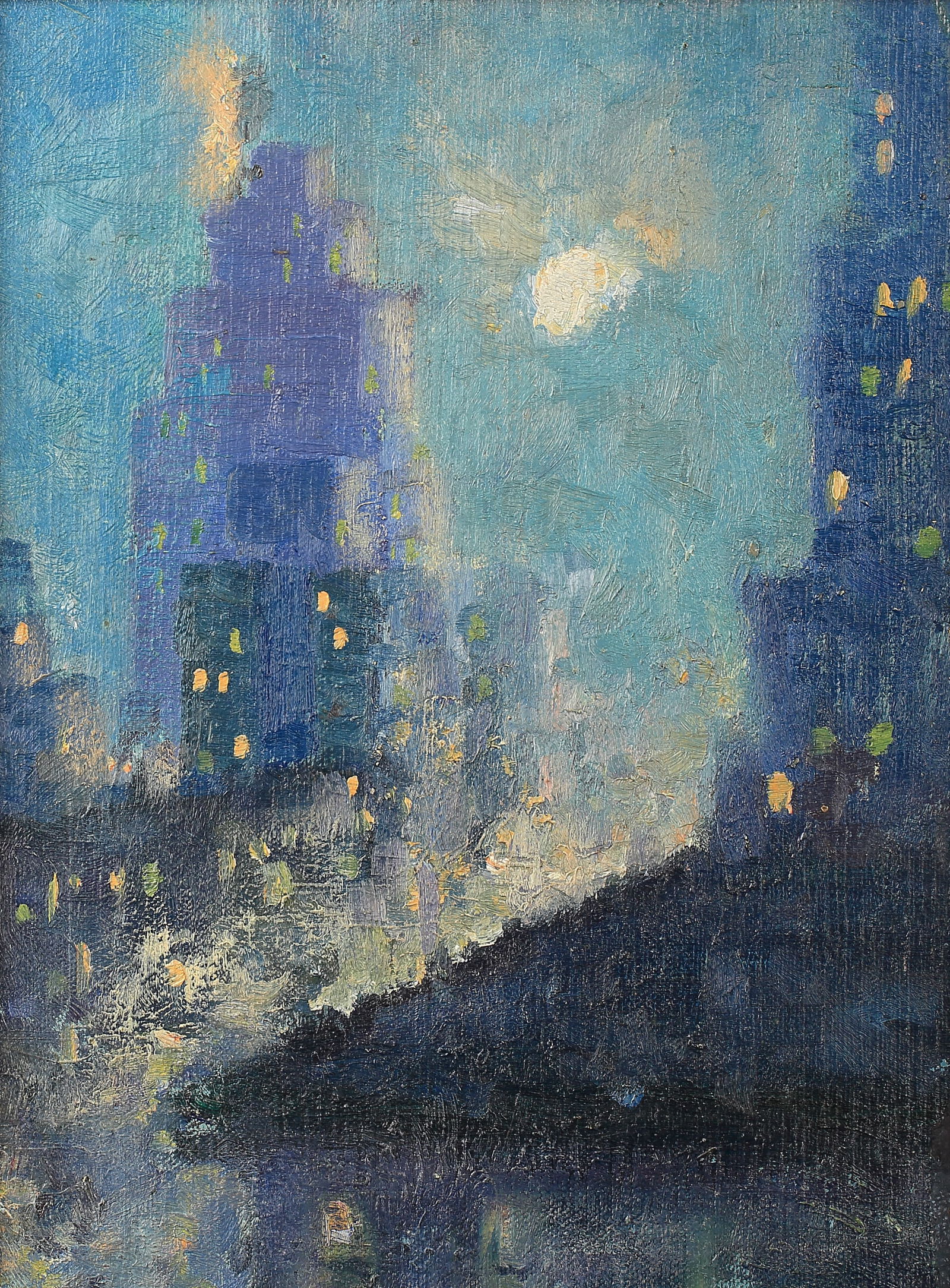 Jerry Bywaters (Am. 1906-1989), West 57th, New York - Night, 1928: Jerry Bywaters (Am. 1906-1989), West 57th, New York - Night, 1928, oil on board 12 x 9, titled and signed on verso: No. 78, West 57th, N.Y. - Night, 1928, by Gerald Bywaters; label on verso: Panhandle