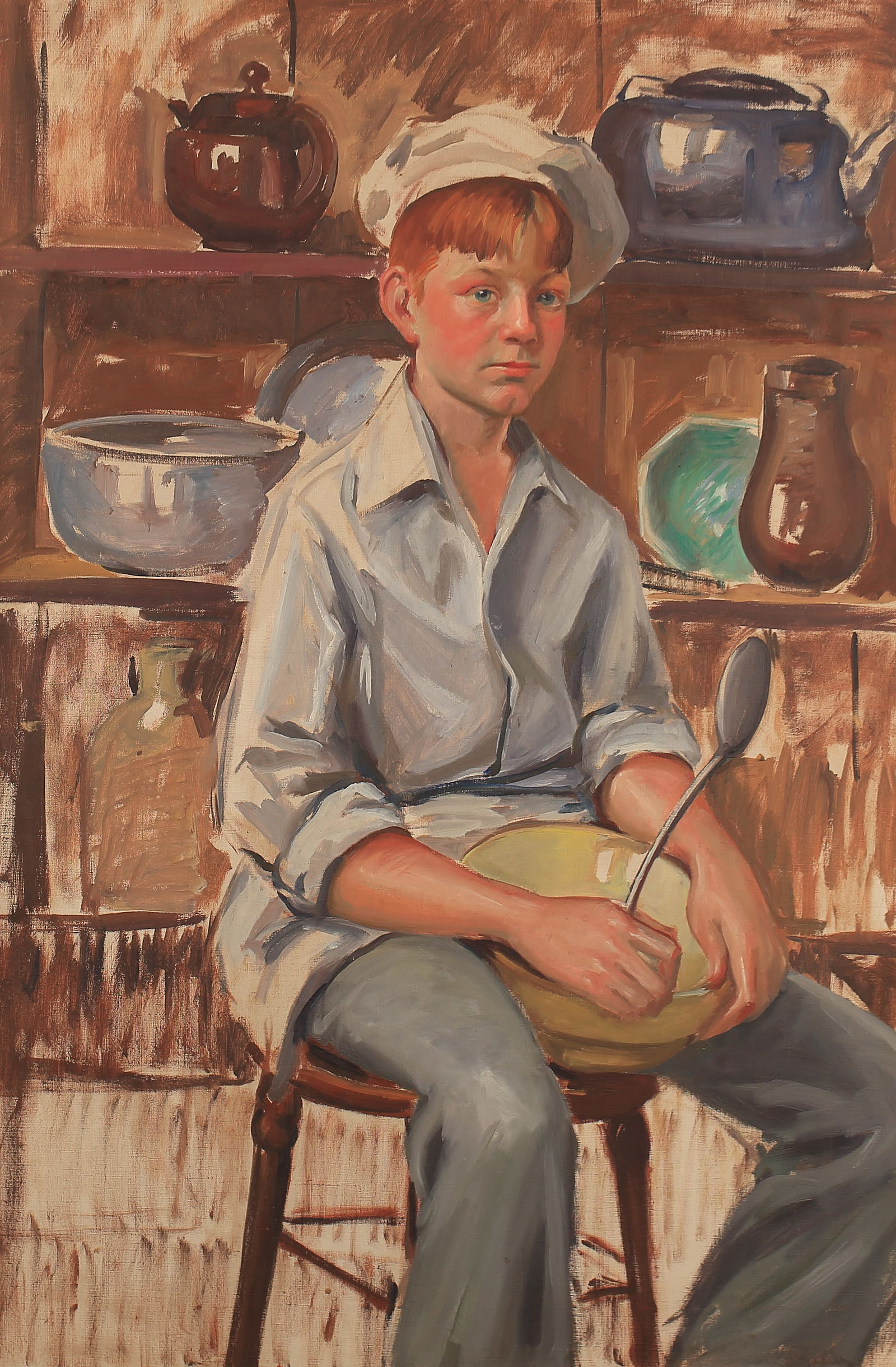 Dickson Reeder (Am. 1912-1970), The Cook: Dickson Reeder (Am. 1912-1970), The Cook, oil on canvas 45 x 30, Label on verso: By Dickson Reeder, Ft. Worth, Tex, “The Cook”; Estate of Flora Blanc Reeder, Estate Lot #116, PROVENANCE: E