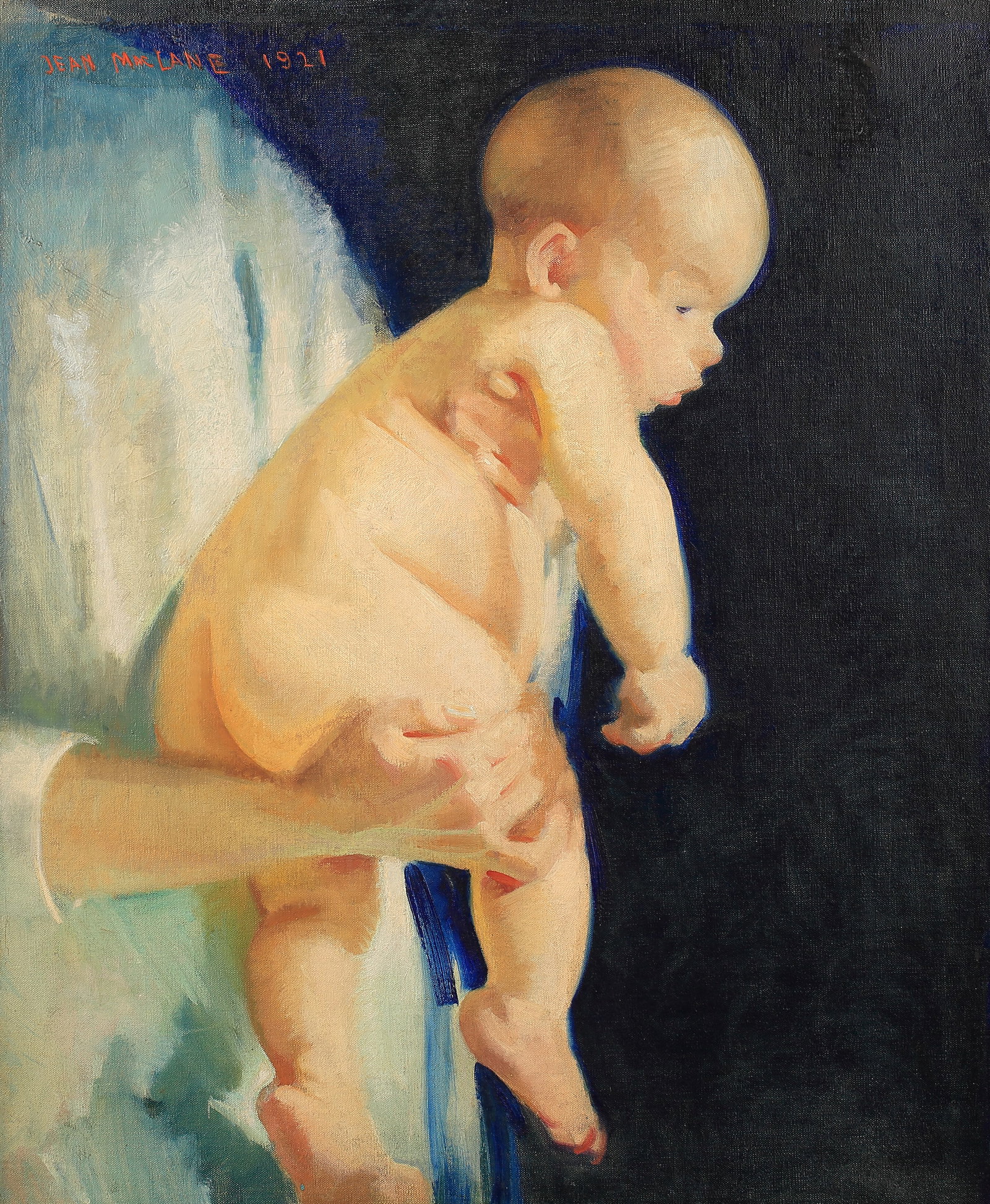 Jean MacLane (Am. 1878-1964), Ready for the Bath, 1921: Jean MacLane (Am. 1878-1964), Ready for the Bath, 1921, oil on canvas 30 x 25, signed upper left: Jean MacLane 1921; titled on verso: Ready for the Bath,