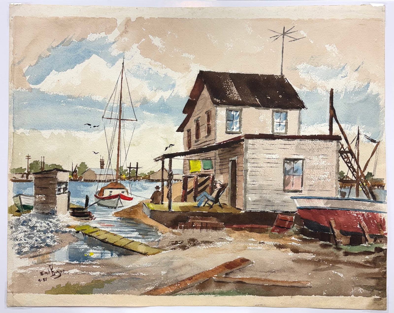 Emil Bunjes (Am. 1902-1974), Afternoon at the Dock, 1955: Afternoon at the Dock, 1955, watercolor on paper, 14 3/4 x 19 1/2, signed and dated lower left: Emil Bunjes, 9-55