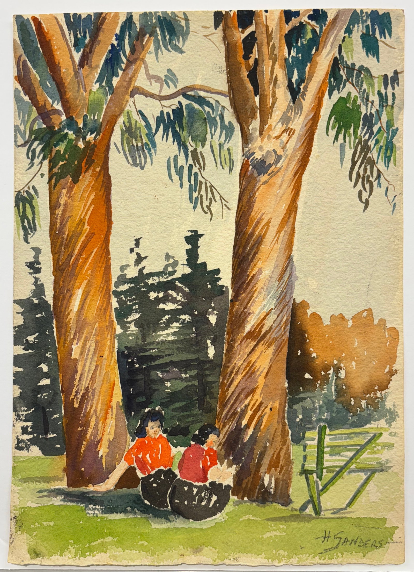 Hedwyn Sanders (Am. 1885-1951), Set of Four Works: (a) An Afternoon in the Park, watercolor on paper: Set of Four Works: (a) An Afternoon in the Park, watercolor on paper 11 x 8, signed lower right: H Sanders; (b) Near the Water's Edge, watercolor on paper 12 x 9, signed lower left: H. Sanders; (c)