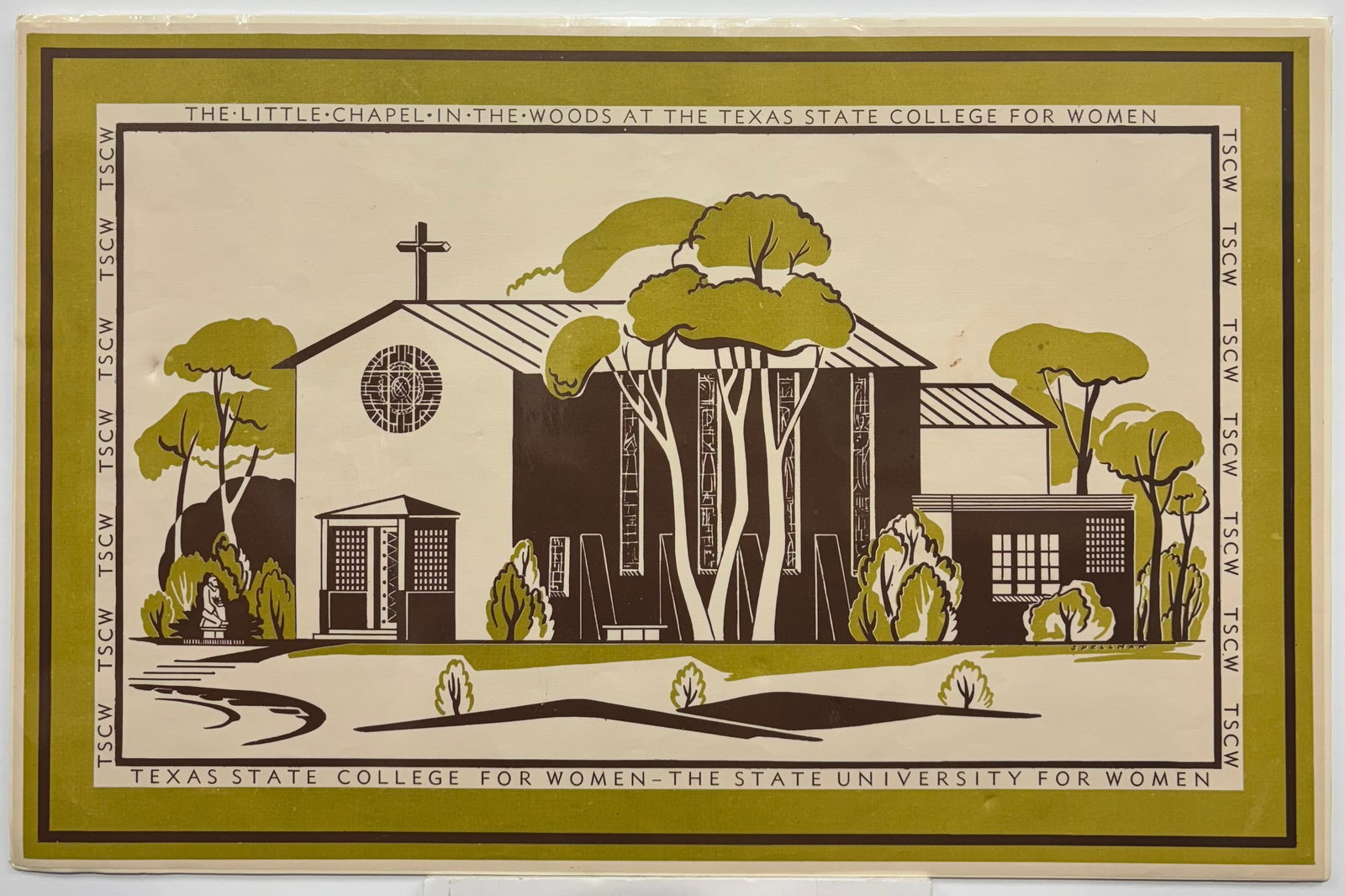 Coreen Spellman (Am. 1905-1978), Little Chapel in-the-Woods at The Texas State College for Women: Little Chapel in-the-Woods at The Texas State College for Women, serigraph, 11 x 17