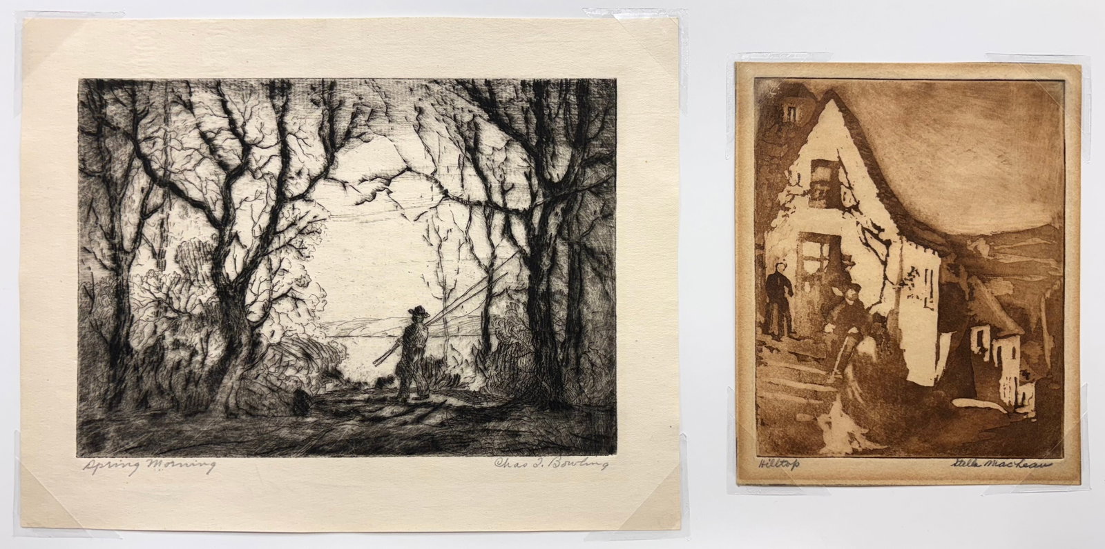 Charles Bowling & Stella MacLean (Am. 1891-1985), Set of Two Works: Spring Morning & Hilltop: Set of Two Works: Spring Morning & Hilltop, etching, aquatint, 4 3/4 x 7 and 4 3/4 x 4, signed across bottom: Spring Morning, Chas T. Bowling; Hilltop, Stella MacLean