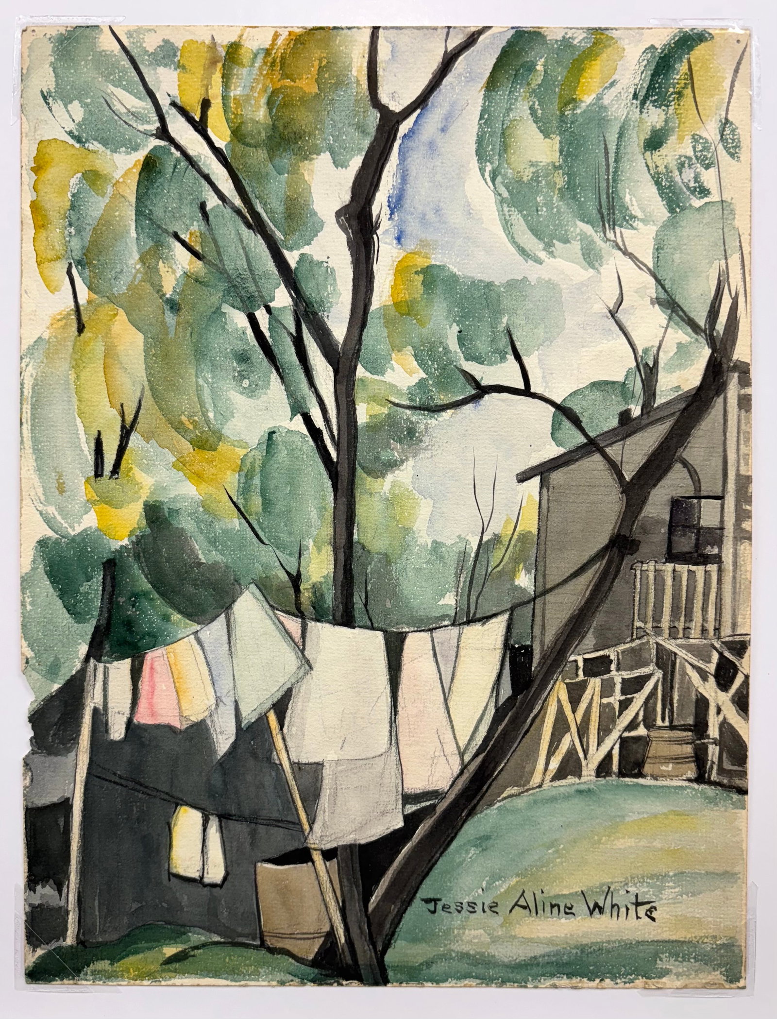 Jessie Aline White (Am. 1889-1988), Laundry on the Clothesline: Laundry on the Clothesline, watercolor on paper, 11 3/4 x 9, signed lower right: Jessie Aline White
