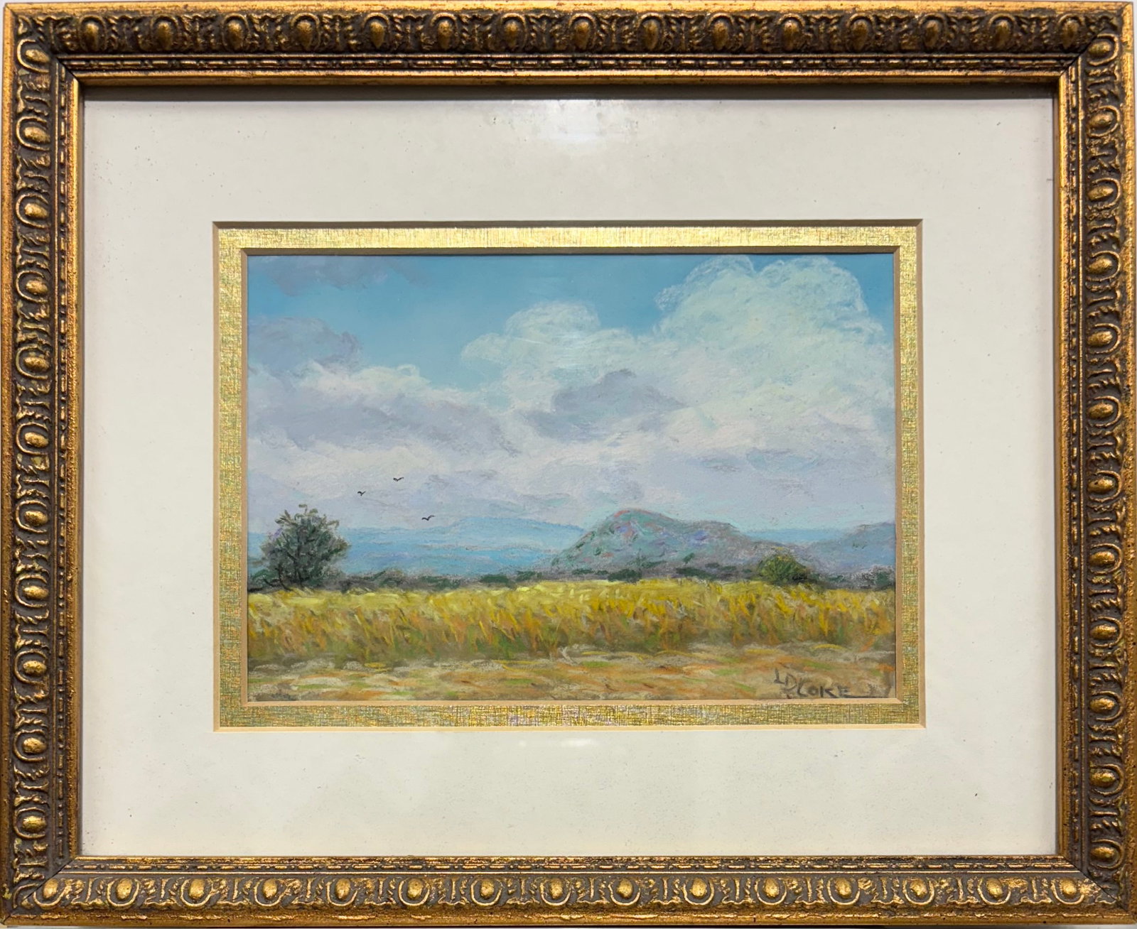 Lucretia D. Coke (Am. 1917-2016), Barley for Harvest: Barley for Harvest, pastel on paper, 4 1/2 x 6 3/4, signed lower right: LDCoke; Business Card attached to verso: Lucretia D. Coke, Happy Clouds Studio, 3914 Glengarry, Austin, TX 78731
