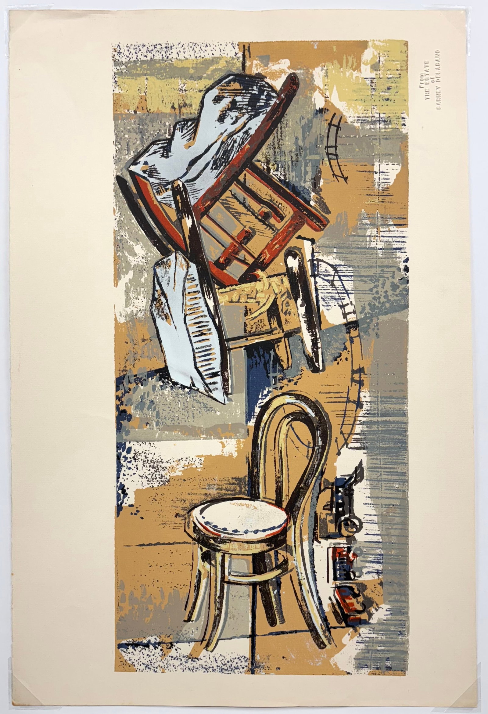 Barney Delabano (Am. 1926-1997), Falling Chairs: Falling Chairs, screen print, 17 1/4 x 8, stamped upper right: From The Estate of Barney Delabano