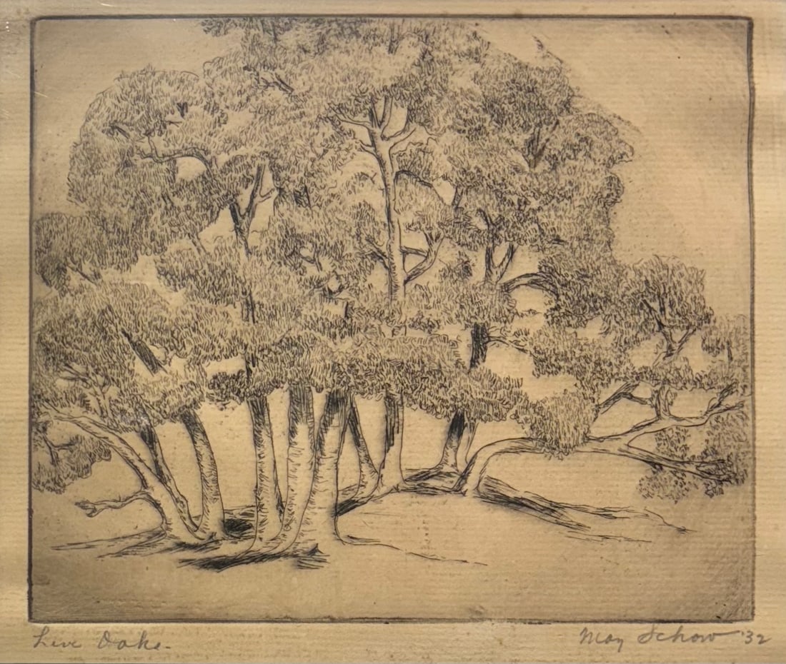 May Schow (Am. 1895-1976), Live Oaks, 1932: Live Oaks, 1932, etching, 4 7/8 x 5 3/4, signed across bottom: Live Oaks, May Schow '32