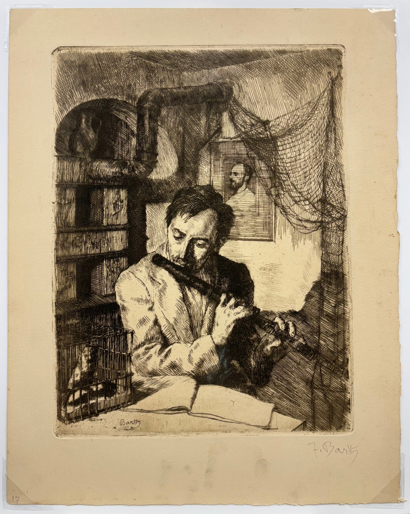 Friedrich Theodor Barth (1877-1937), Set of Three Works: (a) Man Playing a Flute, etching 10 1/4 x 7 (1 of 3)