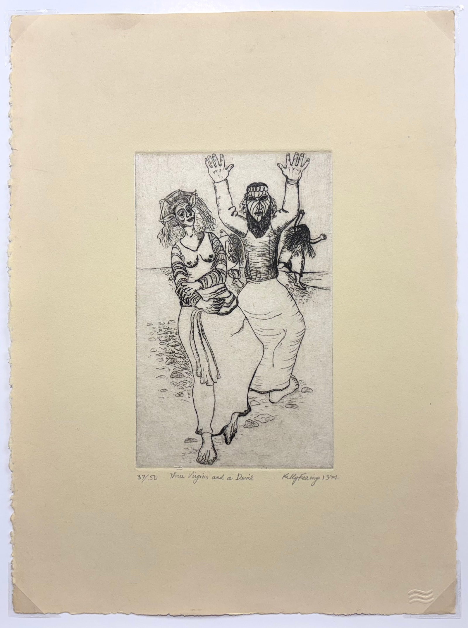 Kelly Fearing (Am. 1918-2011), Three Virgins and a Devil, ed. 50, 1944: Three Virgins and a Devil, ed. 50, 1944, etching, 7 7/8 x 4 7/8, signed across bottom: 37/50, Three Virgins and a Devil, Kelly Fearing, 1944