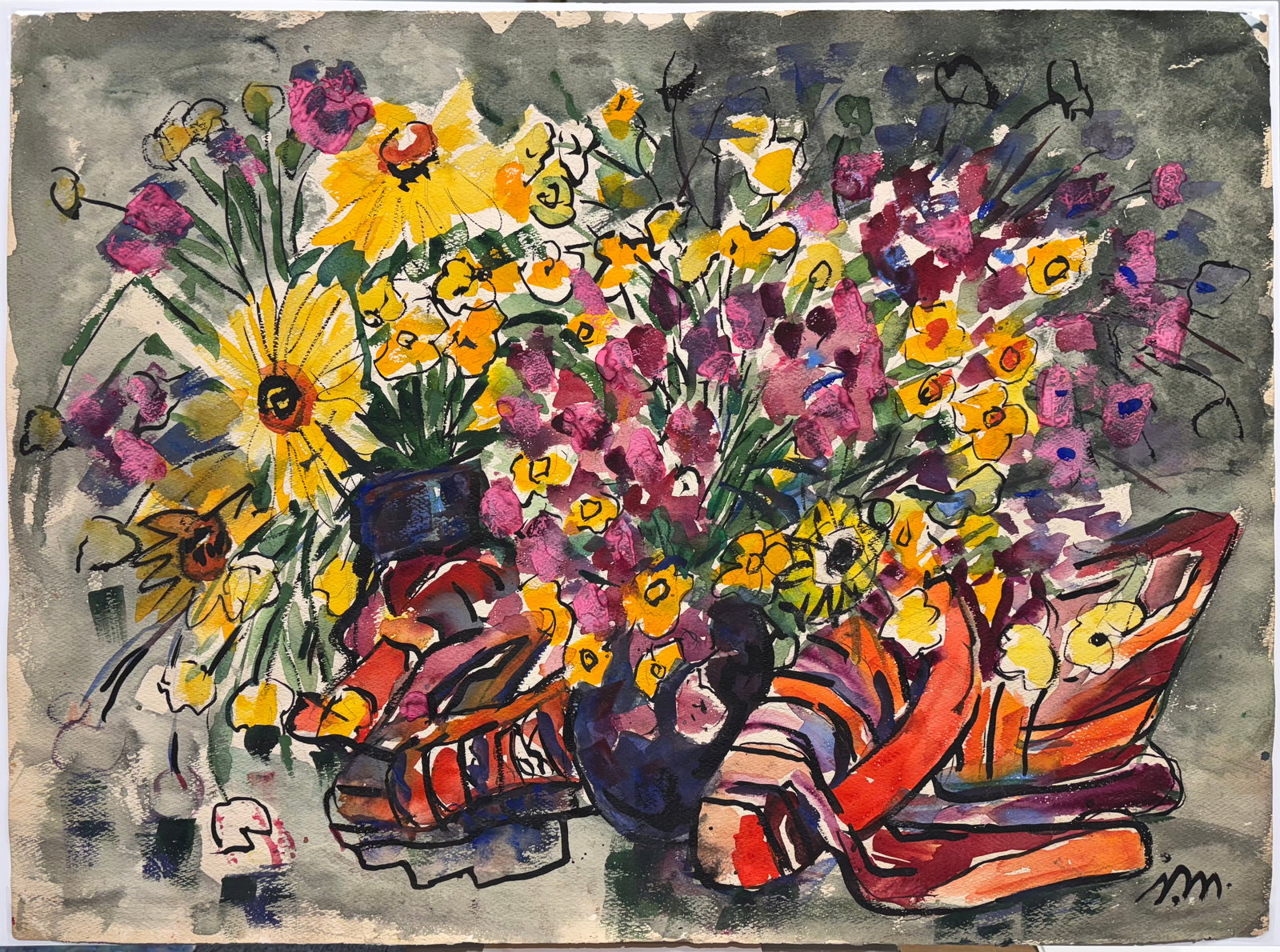 Josephine Mahaffey (Am. 1903-1982), Yellow & Pink Floral Still Life: Yellow & Pink Floral Still Life, watercolor on paper, 22 x 30, signed lower right: JM