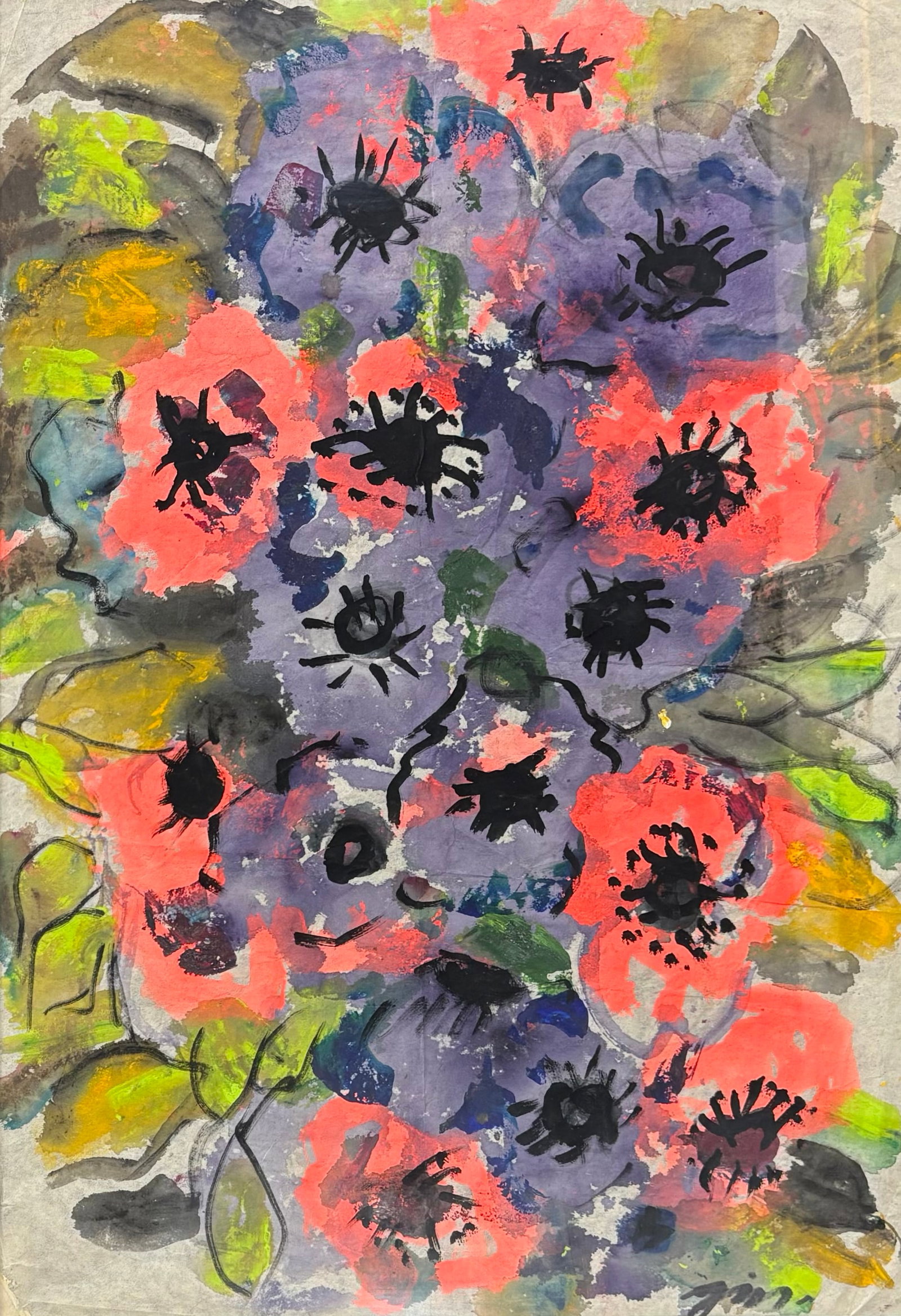 Josephine Mahaffey (Am. 1903-1982), Pink & Purple Flowers: Pink & Purple Flowers, watercolor on paper, 19 1/4 x 13 1/2, signed lower right: JM