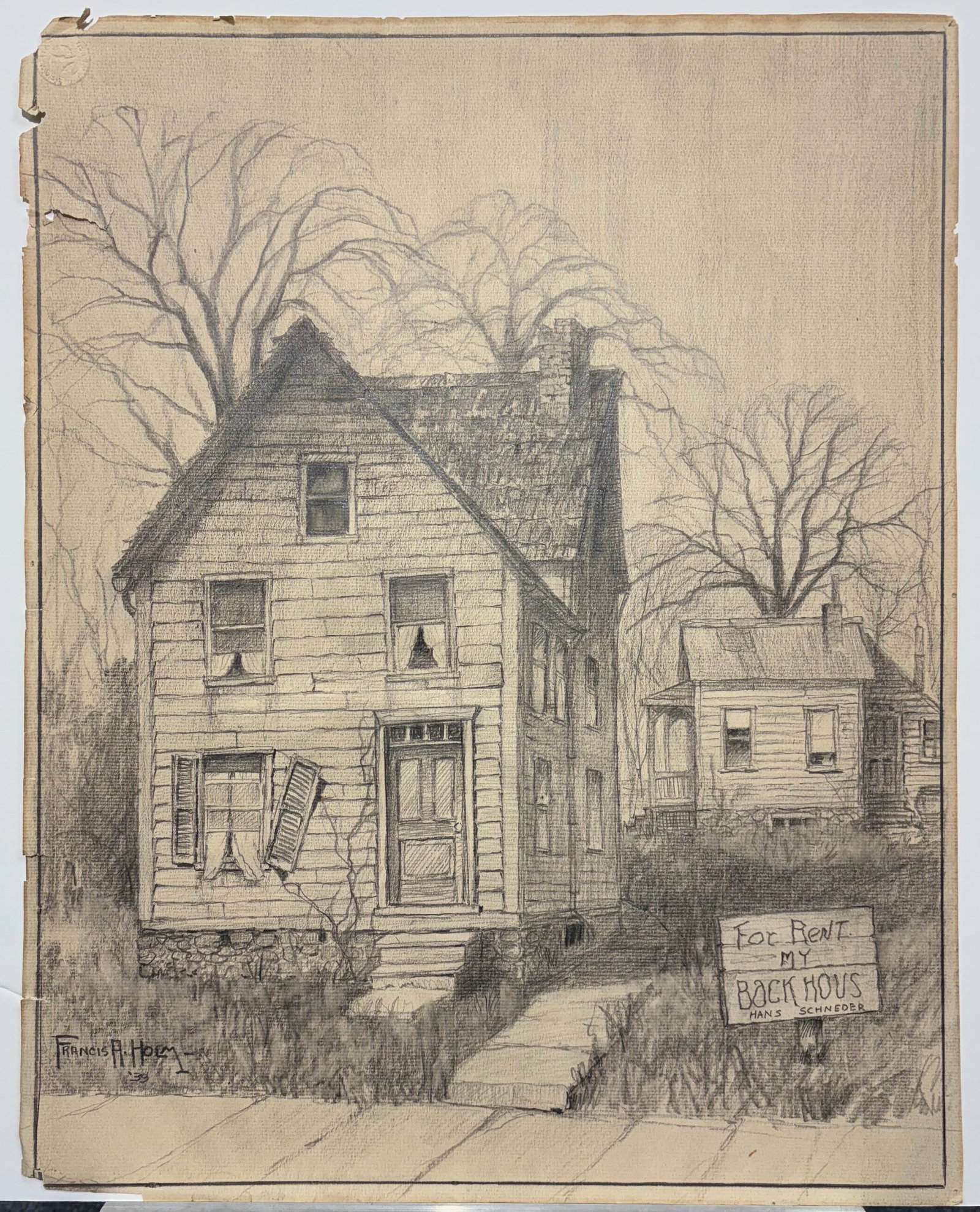 Francis A. Holm (Am. 20th Cent.), For Rent My Back Hous - Hans Schneder, 1939: For Rent My Back Hous - Hans Schneder, 1939, graphite on paper, 18 1/4 x 14 3/8, signed lower left: Francis A. Holm 39