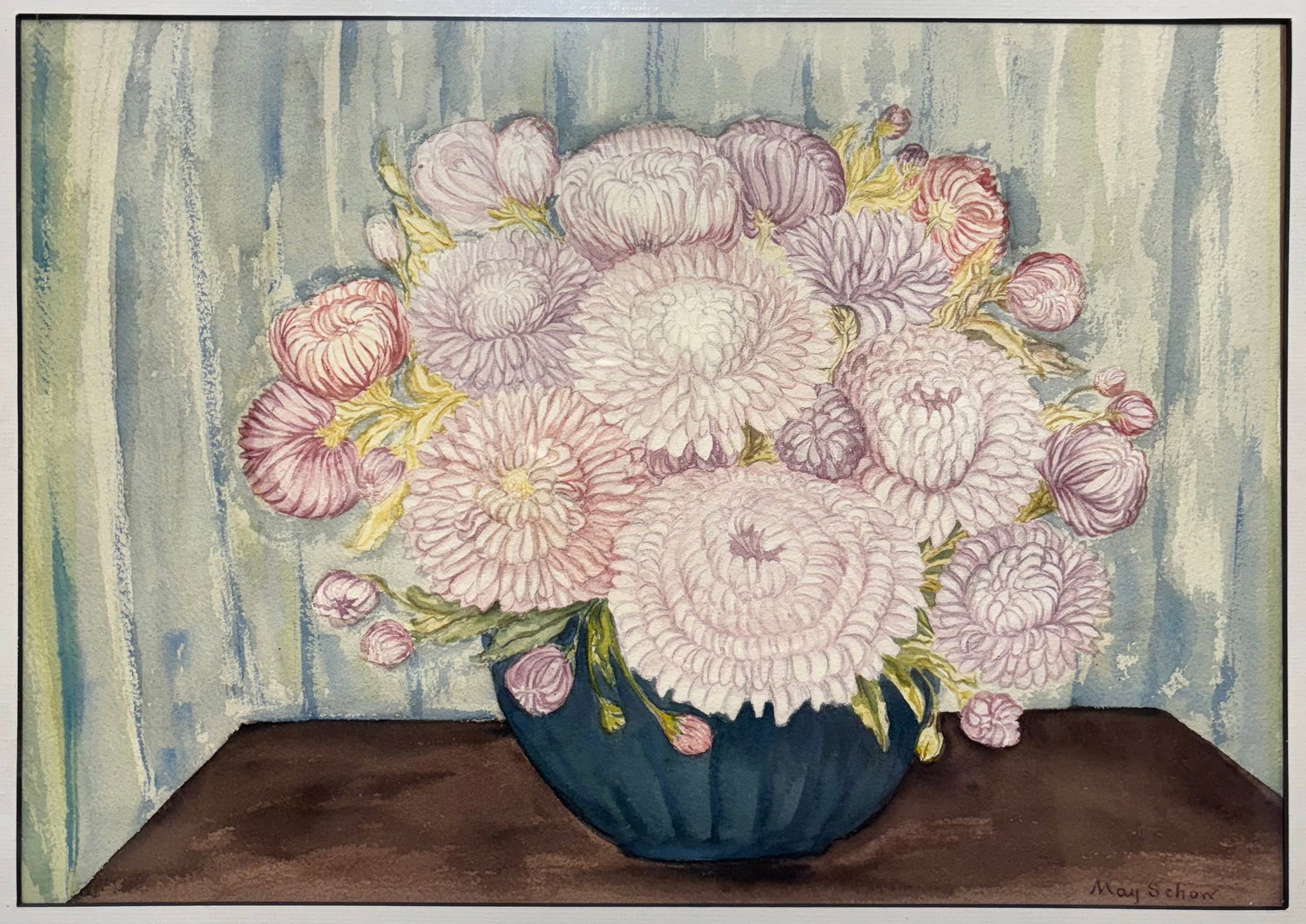 May Schow (Am. 1895-1976), Bouquet of Dahlias: Bouquet of Dahlias, watercolor on paper, 14 x 20, signed lower right: May Schow
