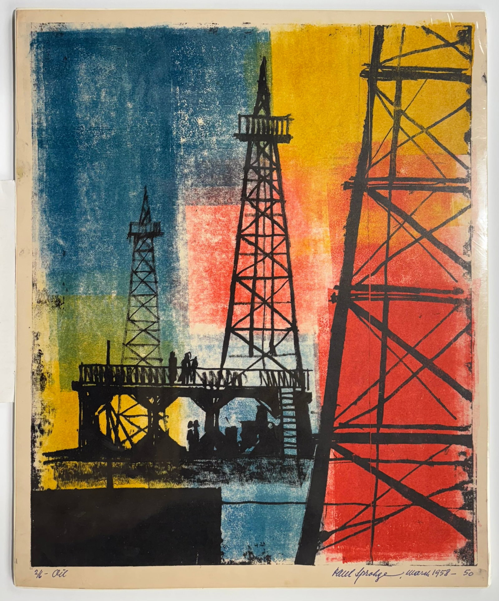 Paul Sprohge (Am. 20th Cent.), Set of Two Works: (a) Oil, ed. 6, March 1958, color print 16 x 13,: Set of Two Works: (a) Oil, ed. 6, March 1958, color print 16 x 13, signed across bottom: 2/6 - Oil, Paul Sprohge, March 1958 - 50; (b) Noah's Ark, ed. 4, May 1962, color print 20 1/8 x 16, signed