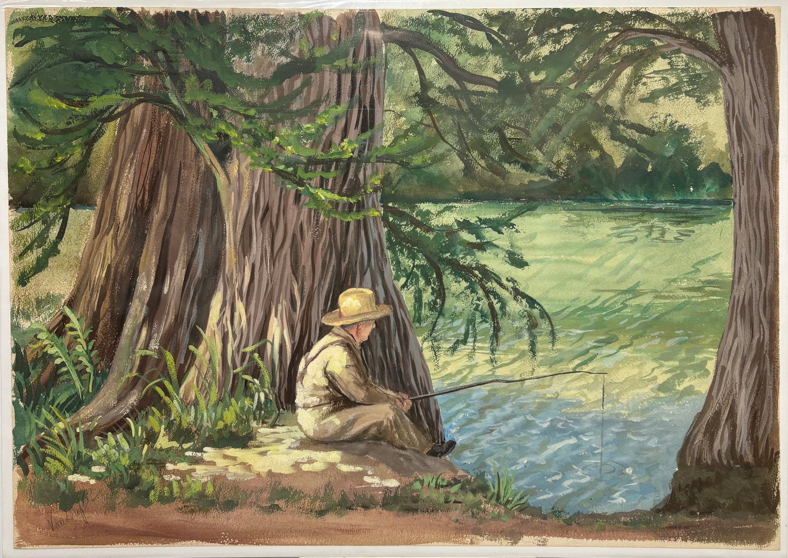 Olive F. Vandruff (Am. 1908-2003), Good Fishin': Good Fishin', gouache on paper, 14 3/4 x 21, signed lower left: Vandruff