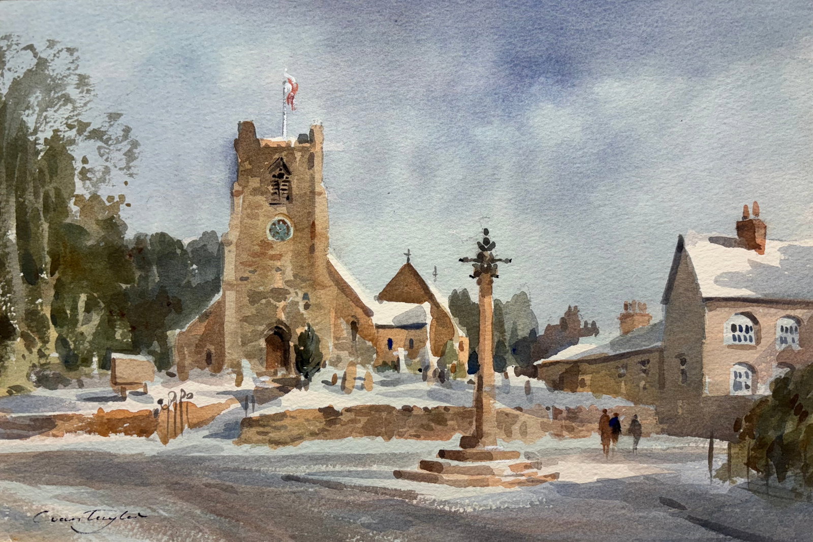 Ivan Taylor (England born 1946), Swynnerton Church & Memorial (My Village): Swynnerton Church & Memorial (My Village), watercolor on paper, 10 x 14 1/2, signed lower left: Ivan Taylor