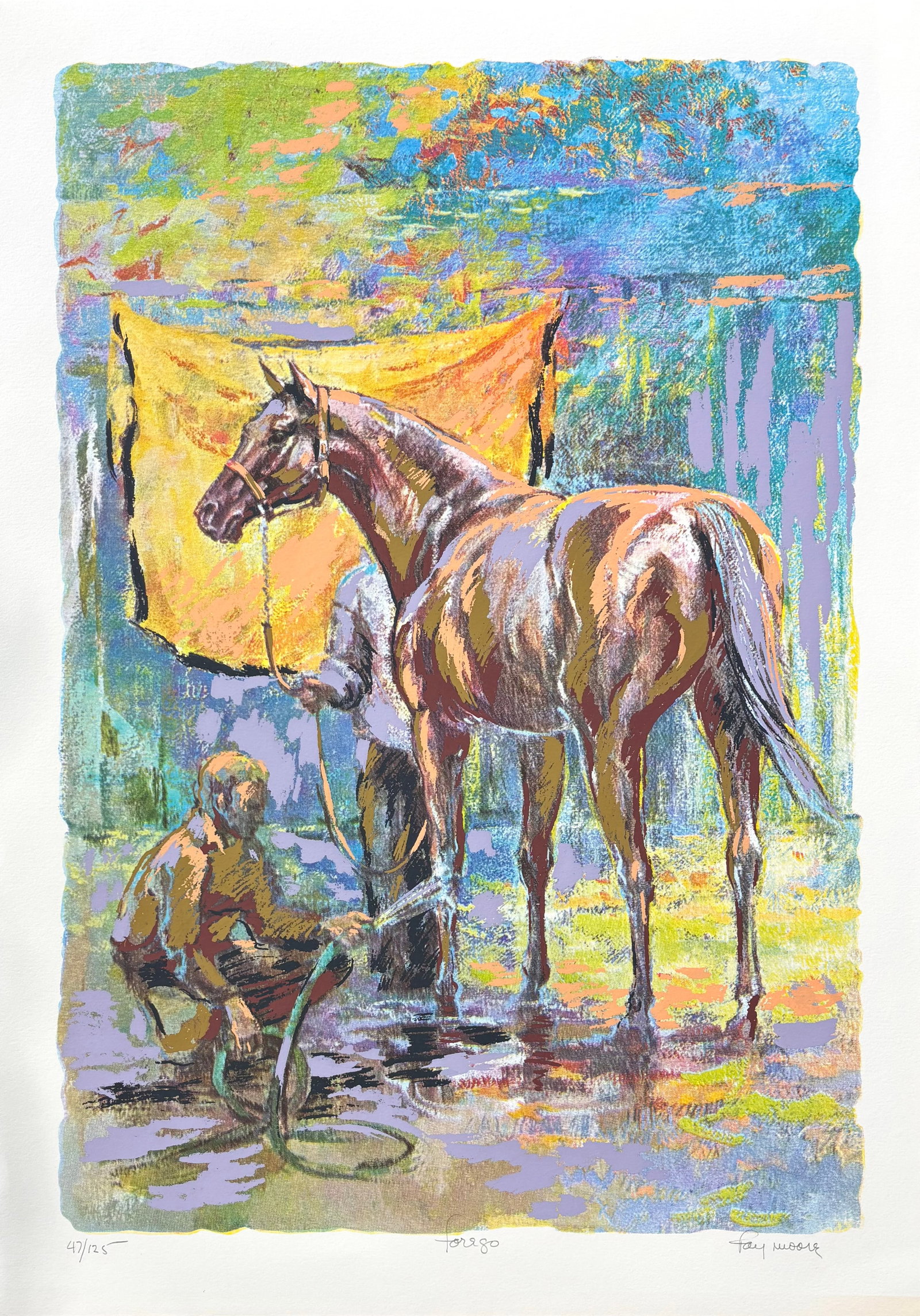 Fay Moore (Am. 1920-2016), Set of Two Works: (a) Forego, ed. 125, print on paper 29 x 20, signed: Set of Two Works: (a) Forego, ed. 125, print on paper 29 x 20, signed across bottom: 47/125, Forego, Fay Moore; (b) Man o' War, ed. 125, print on paper 29 x 19 3/4, signed across bottom: 86/125, Man o