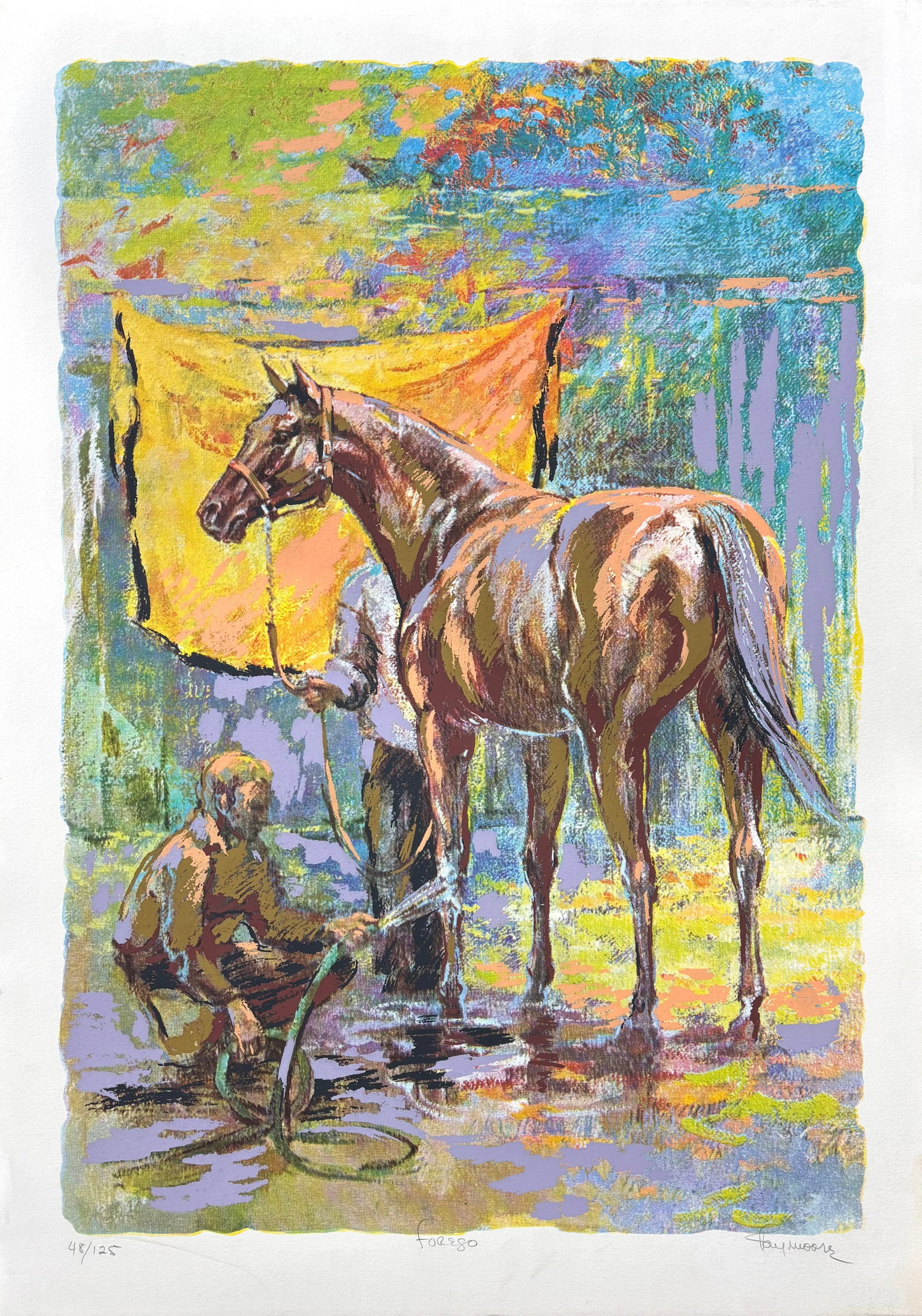 Fay Moore (Am. 1920-2016), Set of Two Works: (a) Forego, ed. 125, print on paper 29 x 20, signed: Set of Two Works: (a) Forego, ed. 125, print on paper 29 x 20, signed across bottom: 48/125, Forego, Fay Moore; (b) Man o' War, ed. 125, print on paper 29 x 19 3/4, signed across bottom: 87/125, Man o
