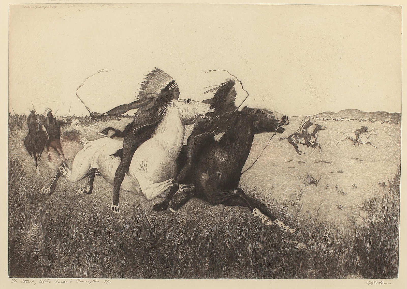 Stevens (Am. 20th Cent.), After: Sioux Warriors, ed. 100: Stevens (Am. 20th Cent.), After: Sioux Warriors, ed. 100, etching 12 1/3 x 17 3/4, signed across bottom: The Attack After Frederic Remington, 4/100, Stevens (illegible signature); Published by T. S. H